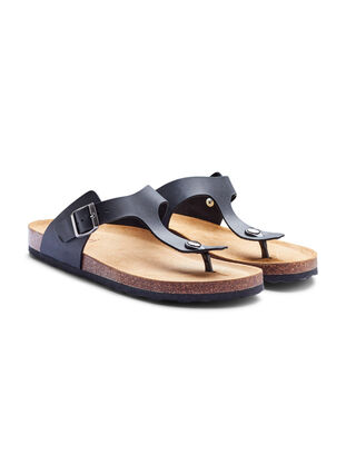 Leren sandaal met scheurband en brede pasvorm, Black, Packshot image number 1