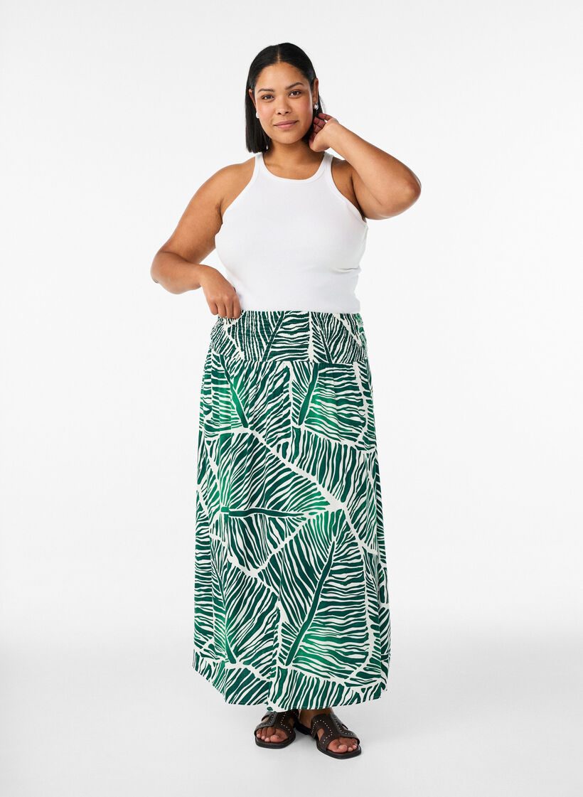 Viscose maxi-rok met smock, Groen, Model image number 0