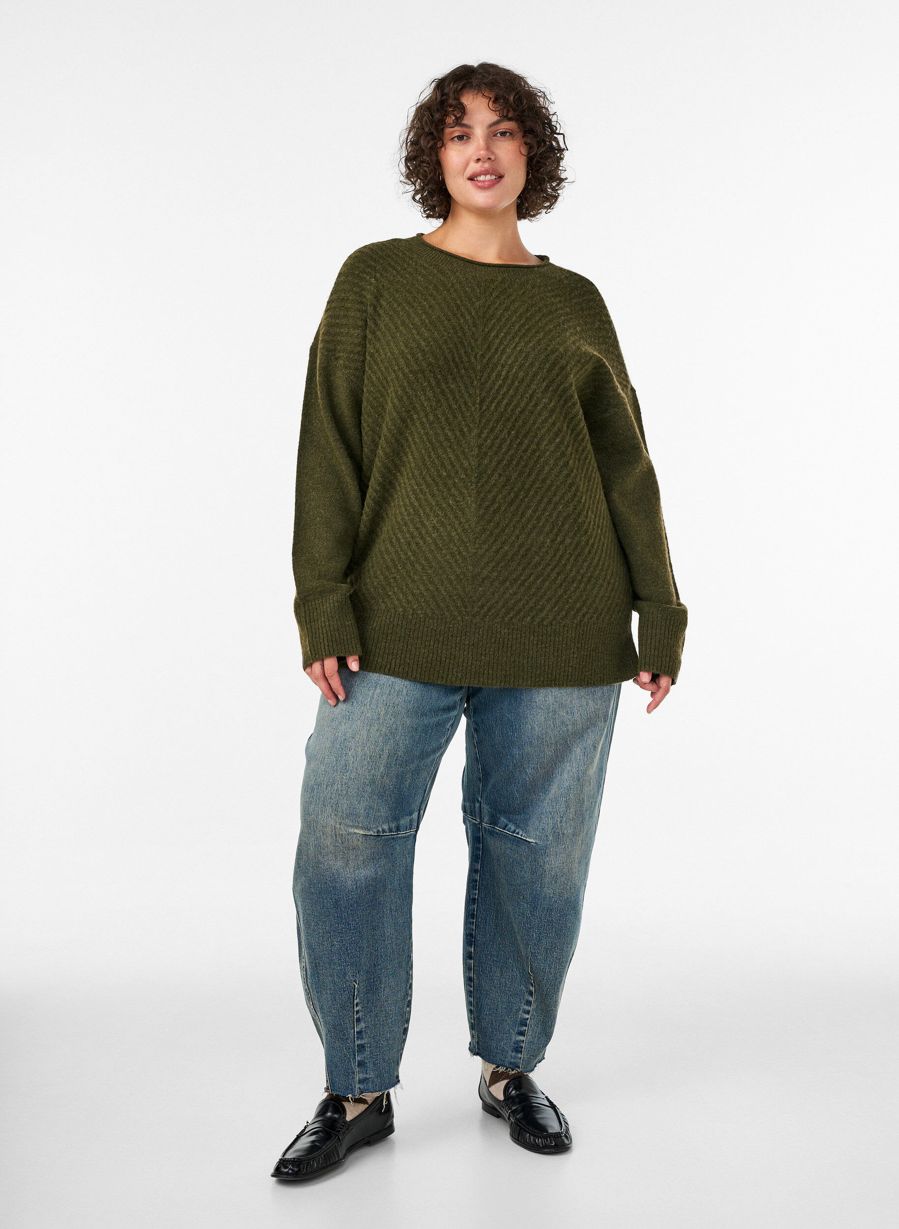 ZizziGebreide blouse met V-vormig geribd patroon en zijsplitjes, Groen, Model image number 1