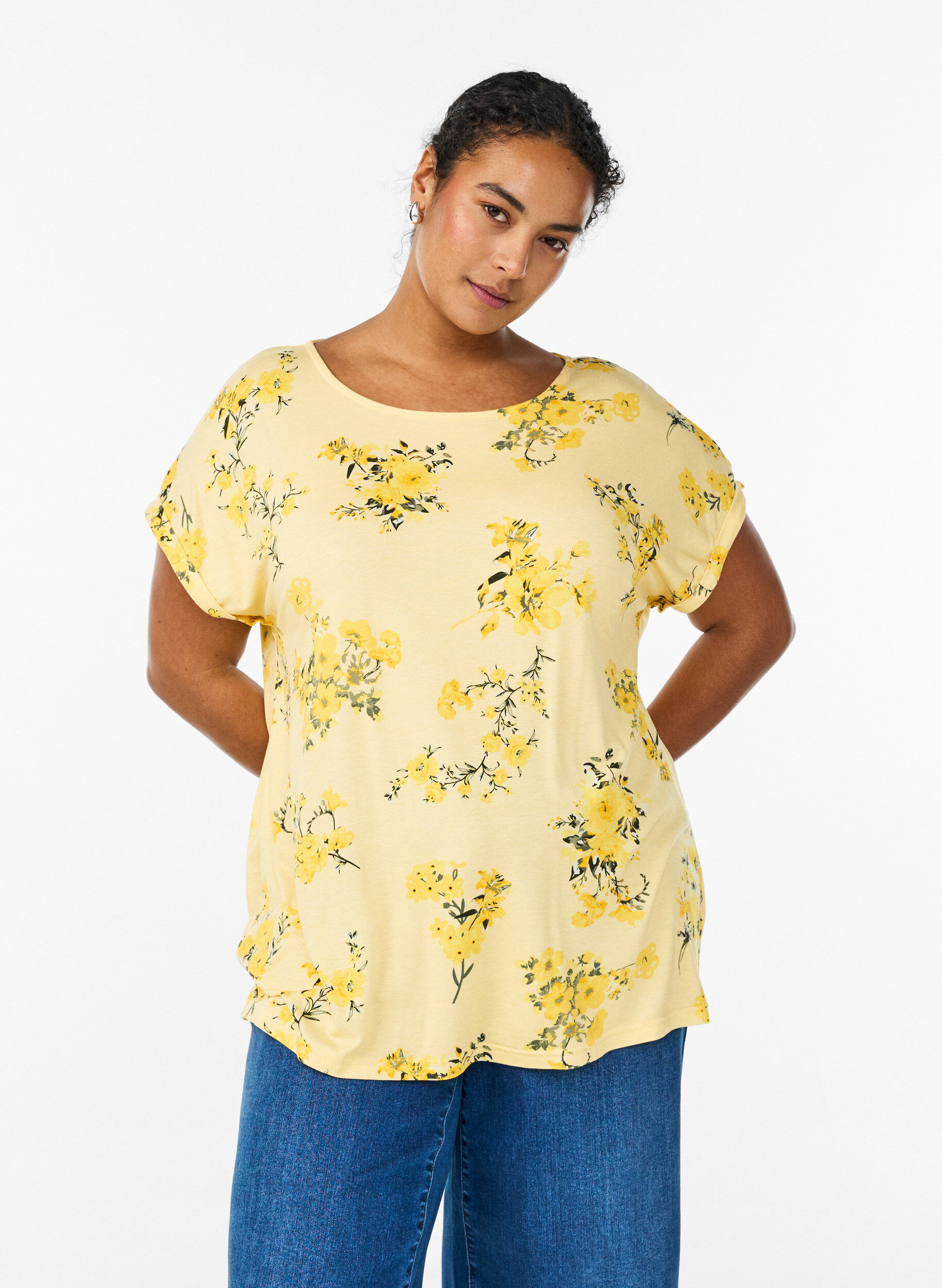 Zizzi T-shirt met bloemenprint, Geel, Model image number 0