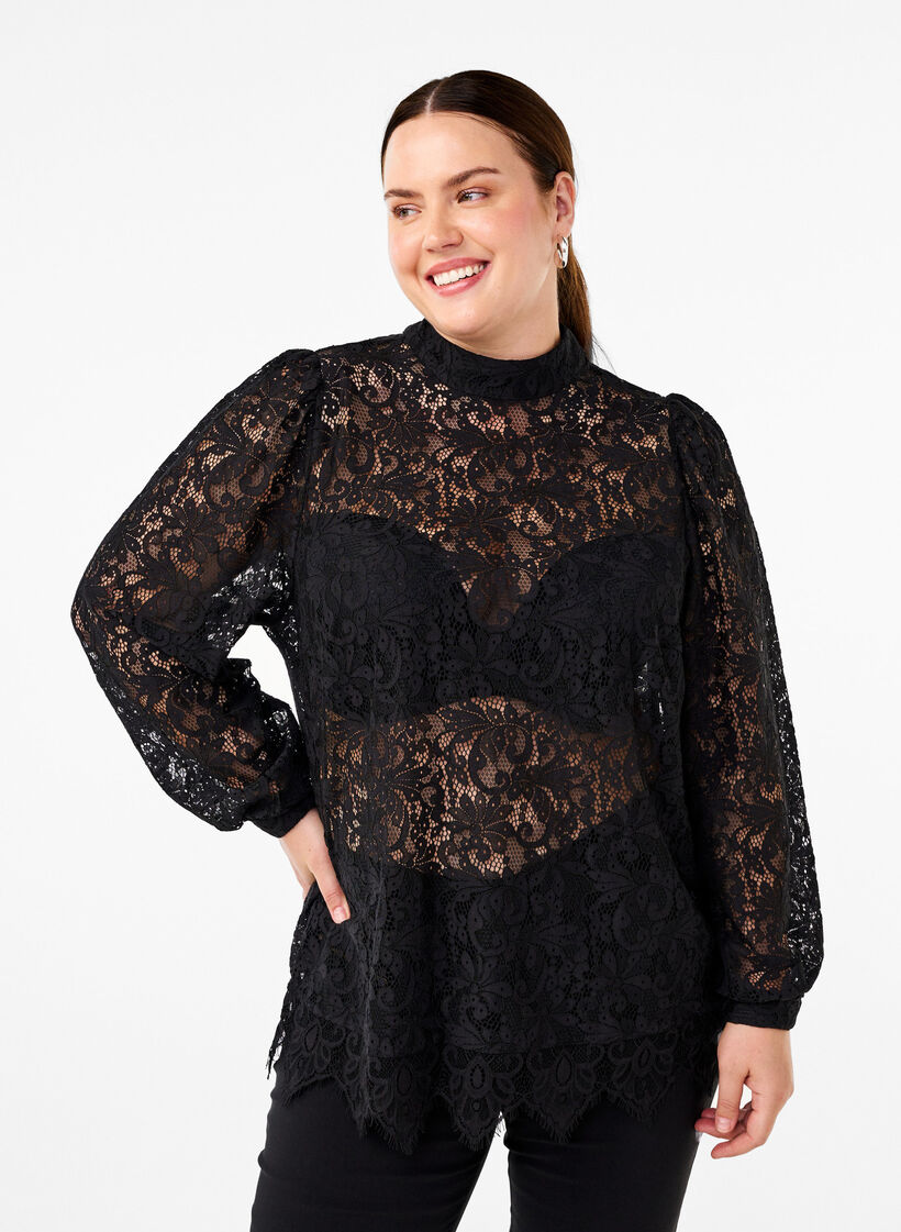 Kanten blouse met strikdetail, Black, Model image number 0