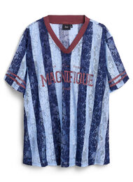 Gestreepte kanten blouse met opvallende print, Blauw