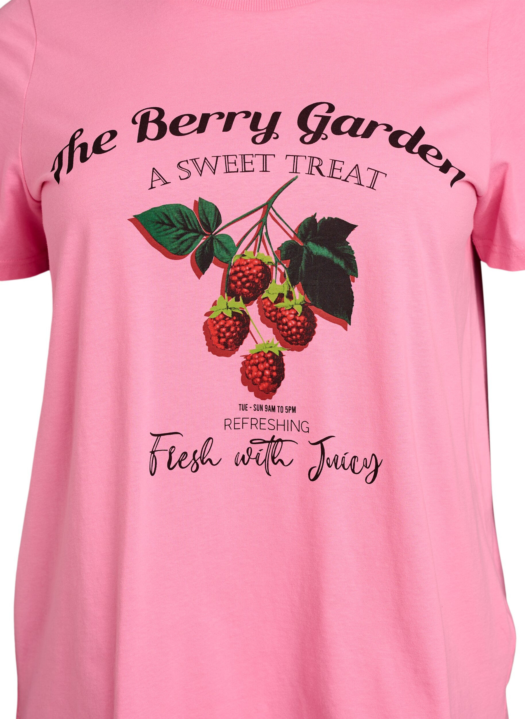 Zizzi Katoenen T-shirt met fruitprint en tekst, Roze, Packshot image number 2