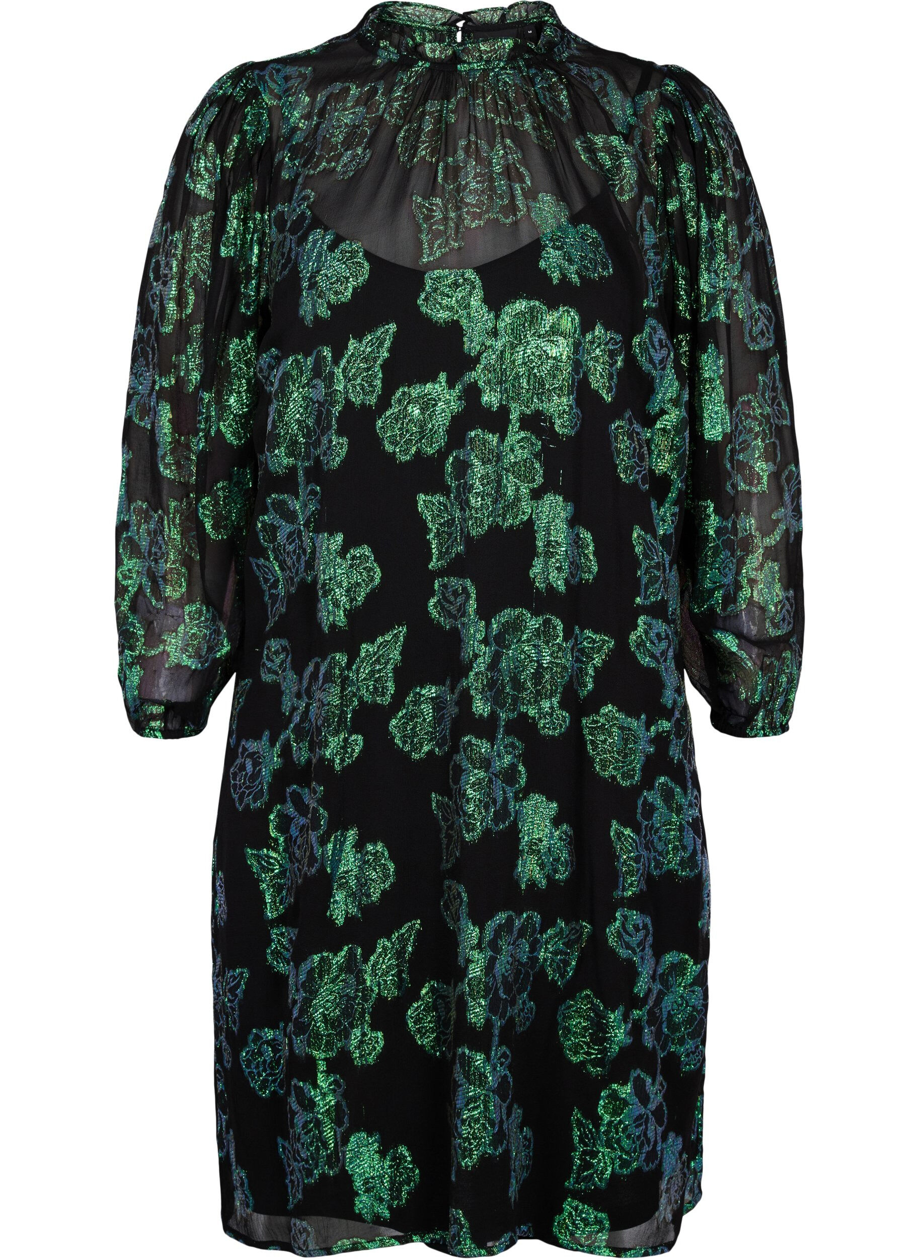 Zizzi Jurk van viscose met bloemen en lurex structuur, Black w. Green Lurex, Packshot image number 0