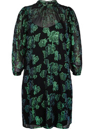 Jurk van viscose met bloemen en lurex structuur, Black w. Green Lurex