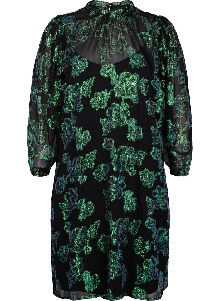 Jurk van viscose met bloemen en lurex structuur, Black w. Green Lurex, Packshot image number 0