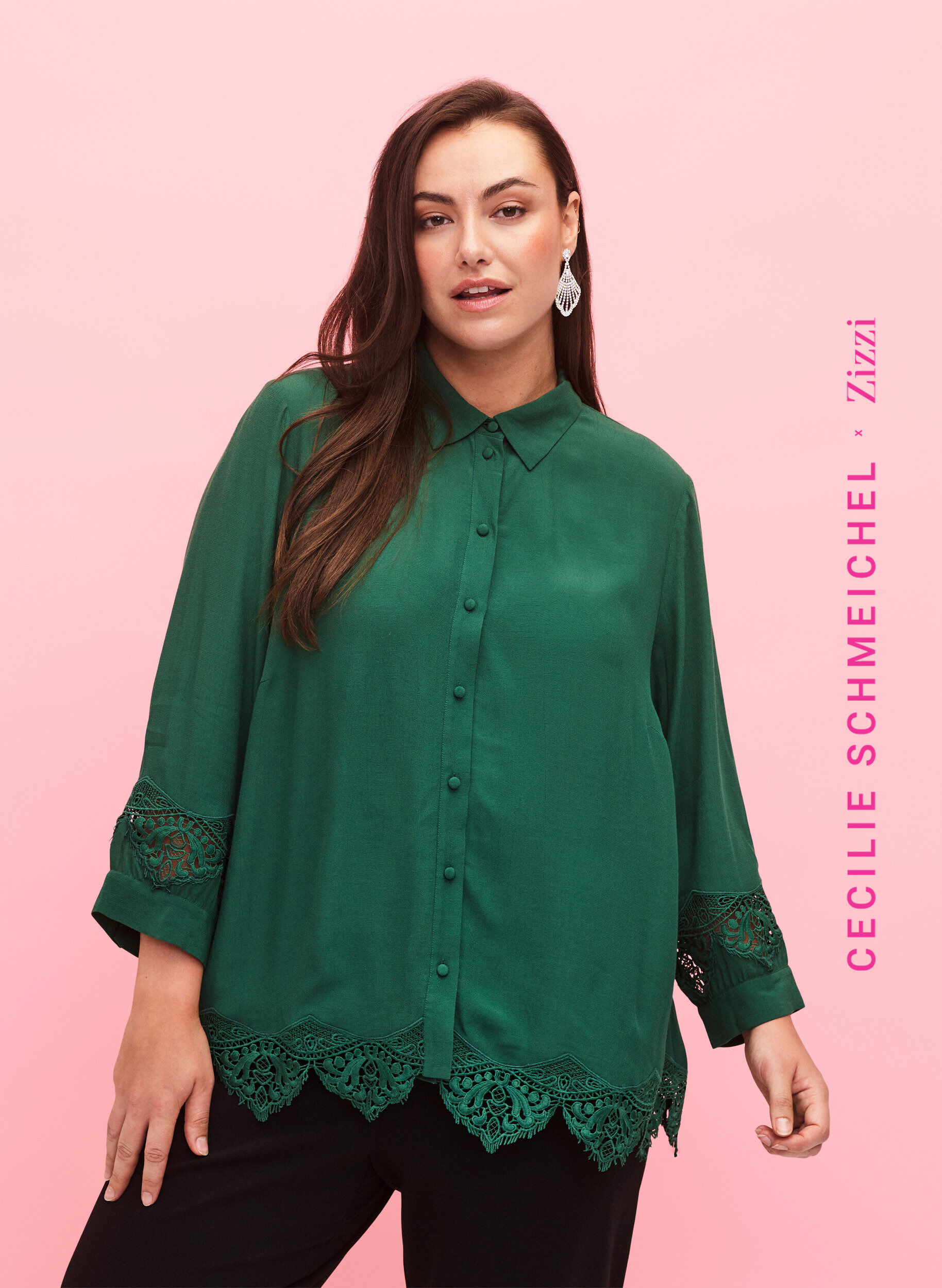 Zizzi Viscose shirt met 3/4 mouwen en borduurdetails, Hunter Green, Model image number 0
