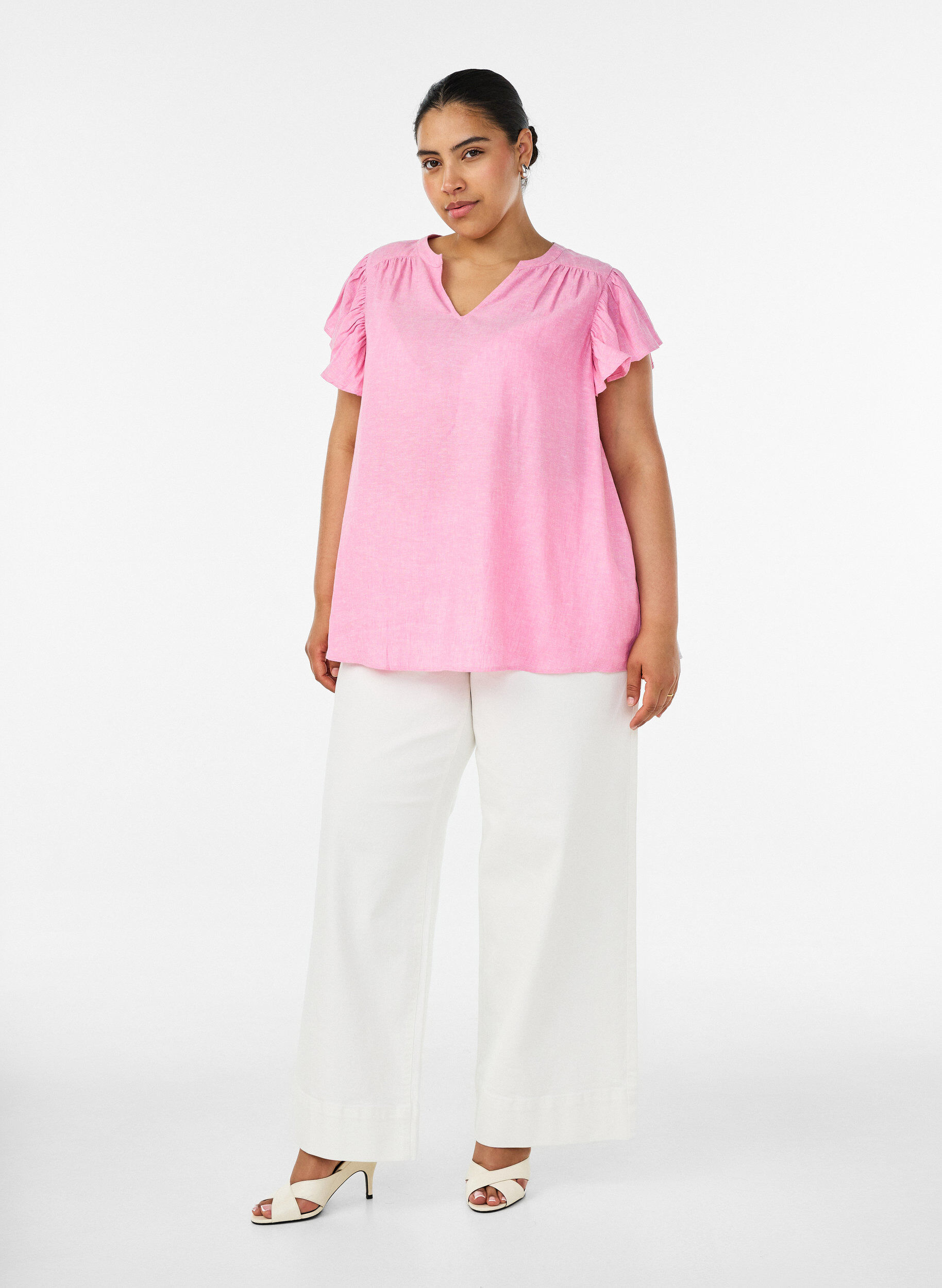 ZizziViscose en linnen blouse met ruches aan de mouwen, Roze, Model image number 1