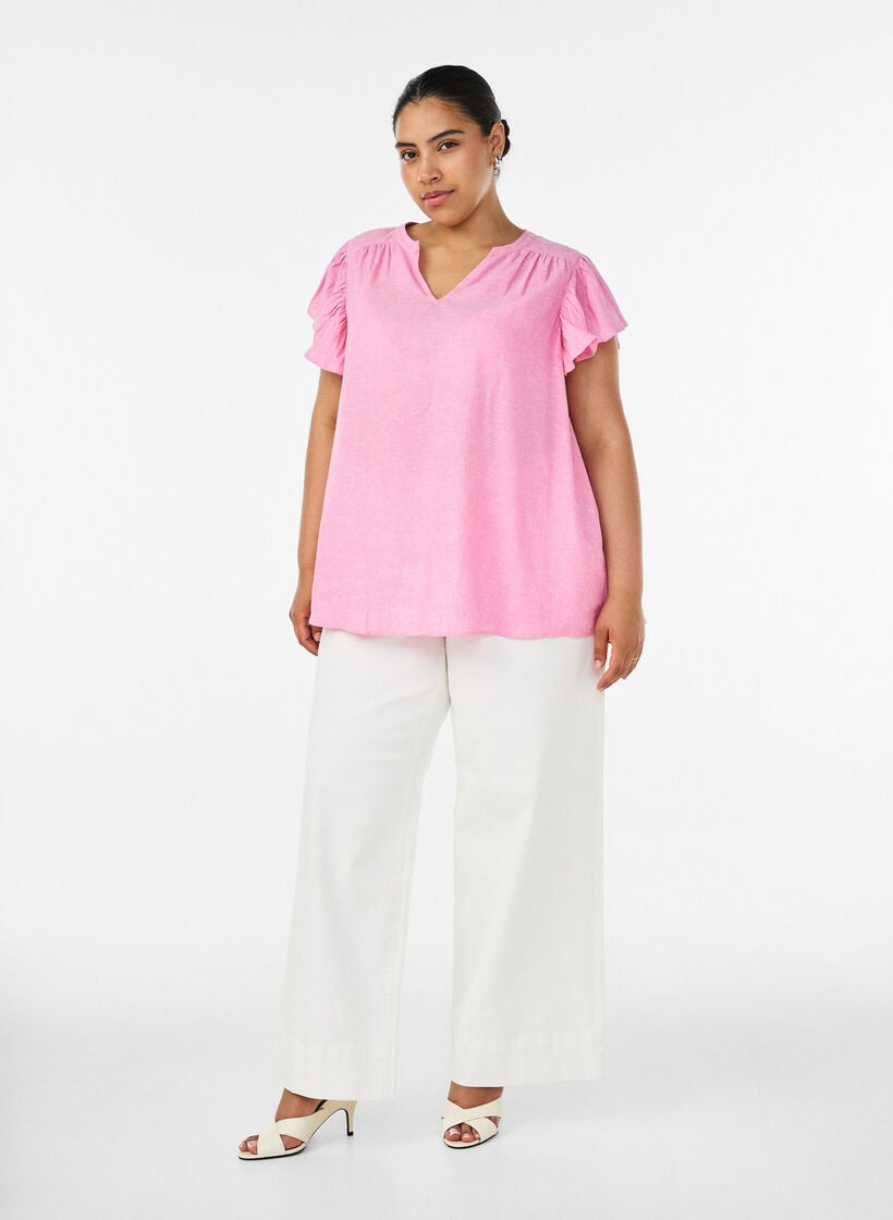 Viscose en linnen blouse met ruches aan de mouwen, Roze, Model image number 1