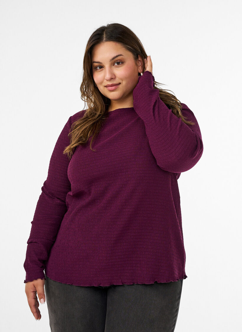 Blouse met structuur en golvende randen, Paars, Model image number 0