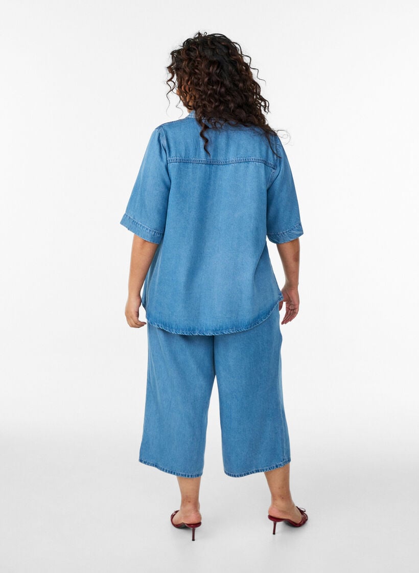 Lyocell culotte broek met wijde pijpen en denimlook, Blauw, Model image number 1