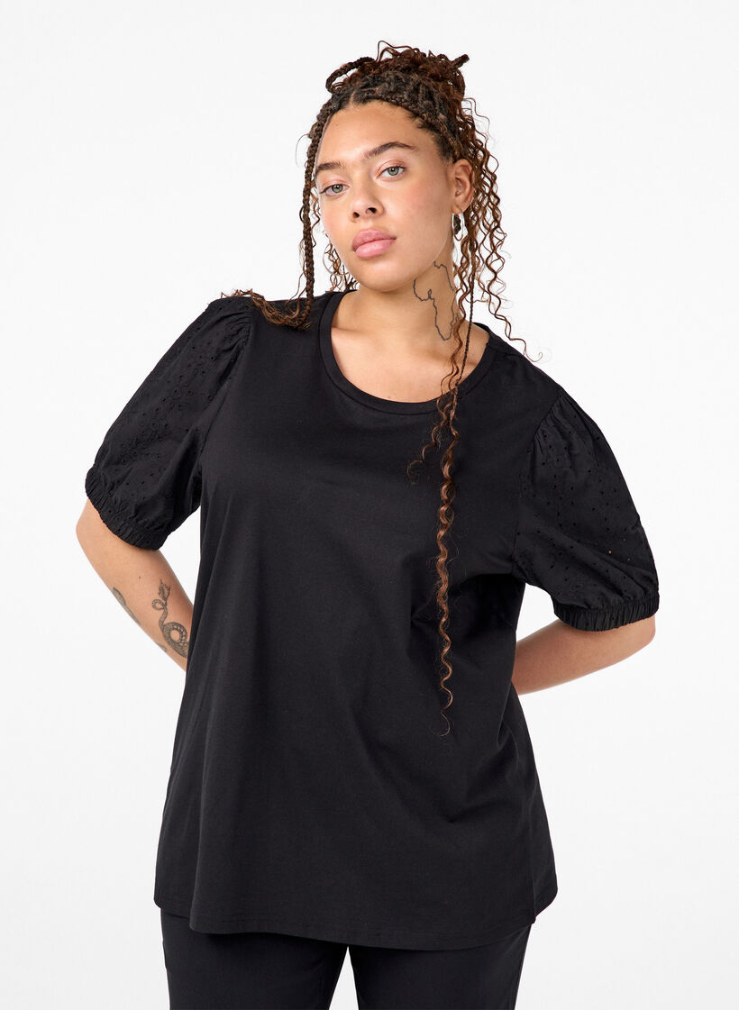 Biologisch katoenen blouse met broderie anglaise mouwen, Black, Model image number 0