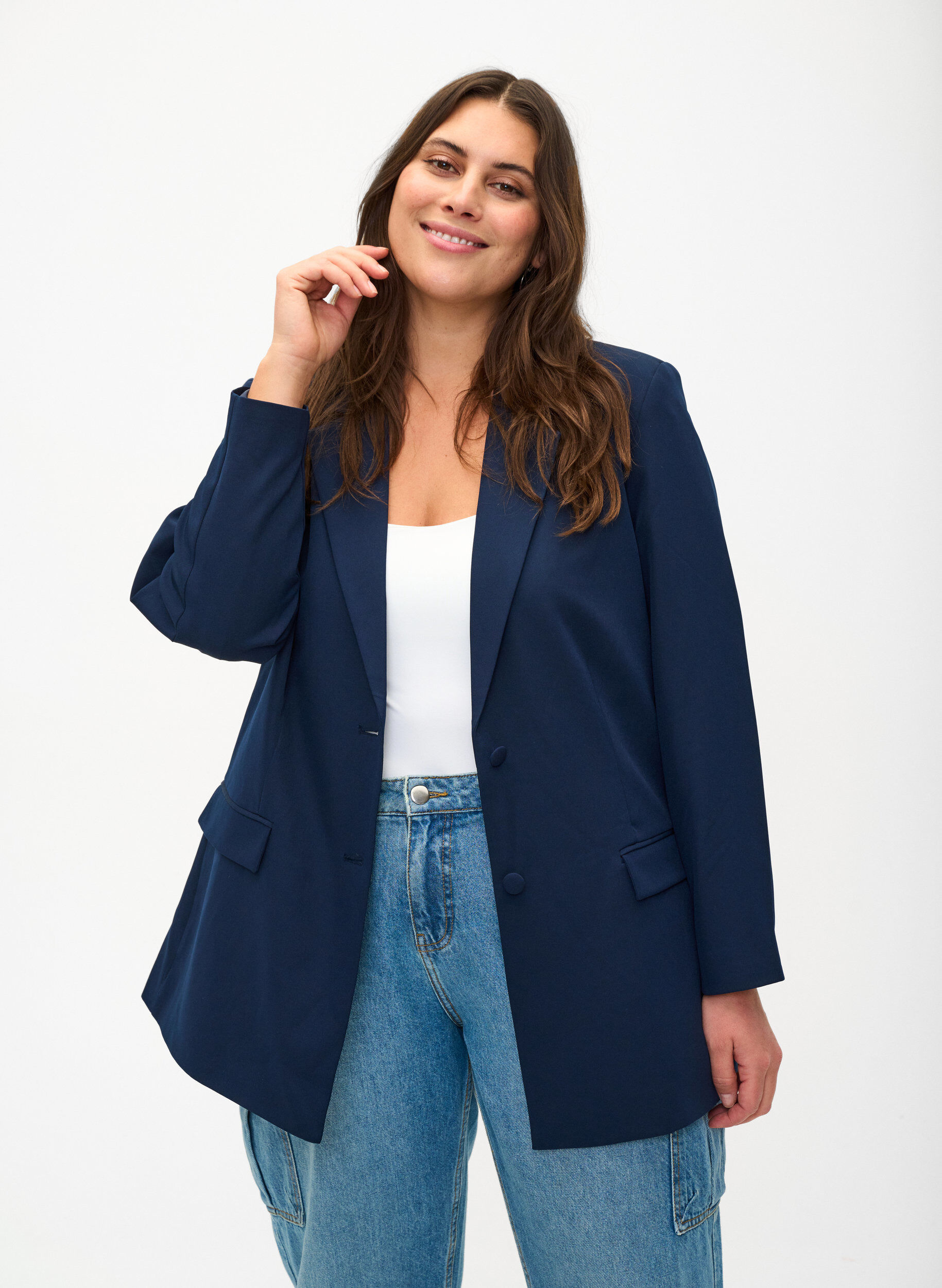 Zizzi Klassieke blazer met knoopsluiting, Navy Blazer, Model image number 0