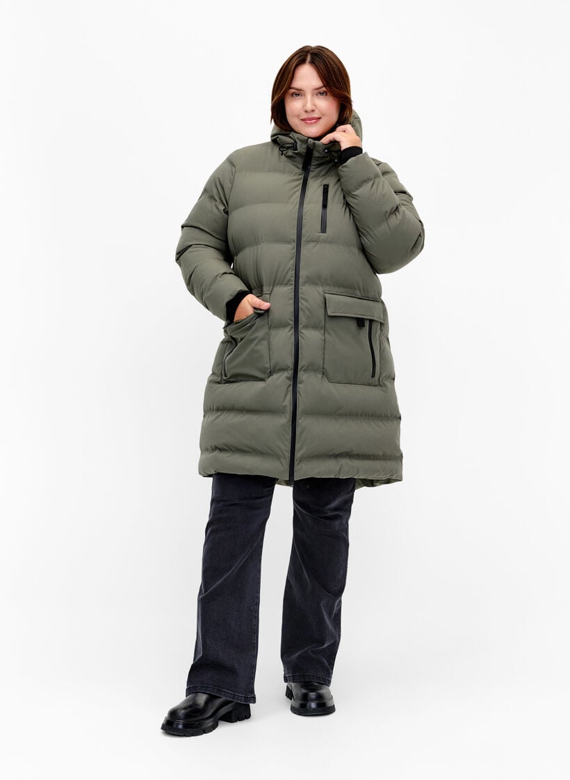 Pufferjas met capuchon en zakken, Groen, Model image number 1