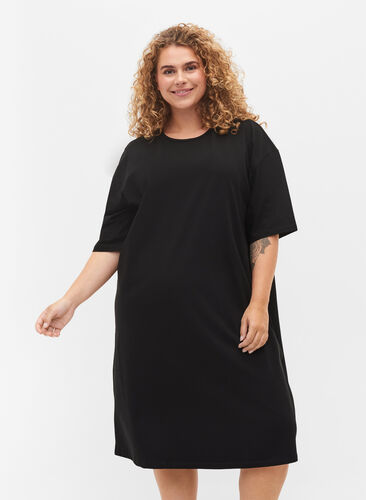 Katoenen jurk met korte mouwen en splitjes, Black, Model image number 0