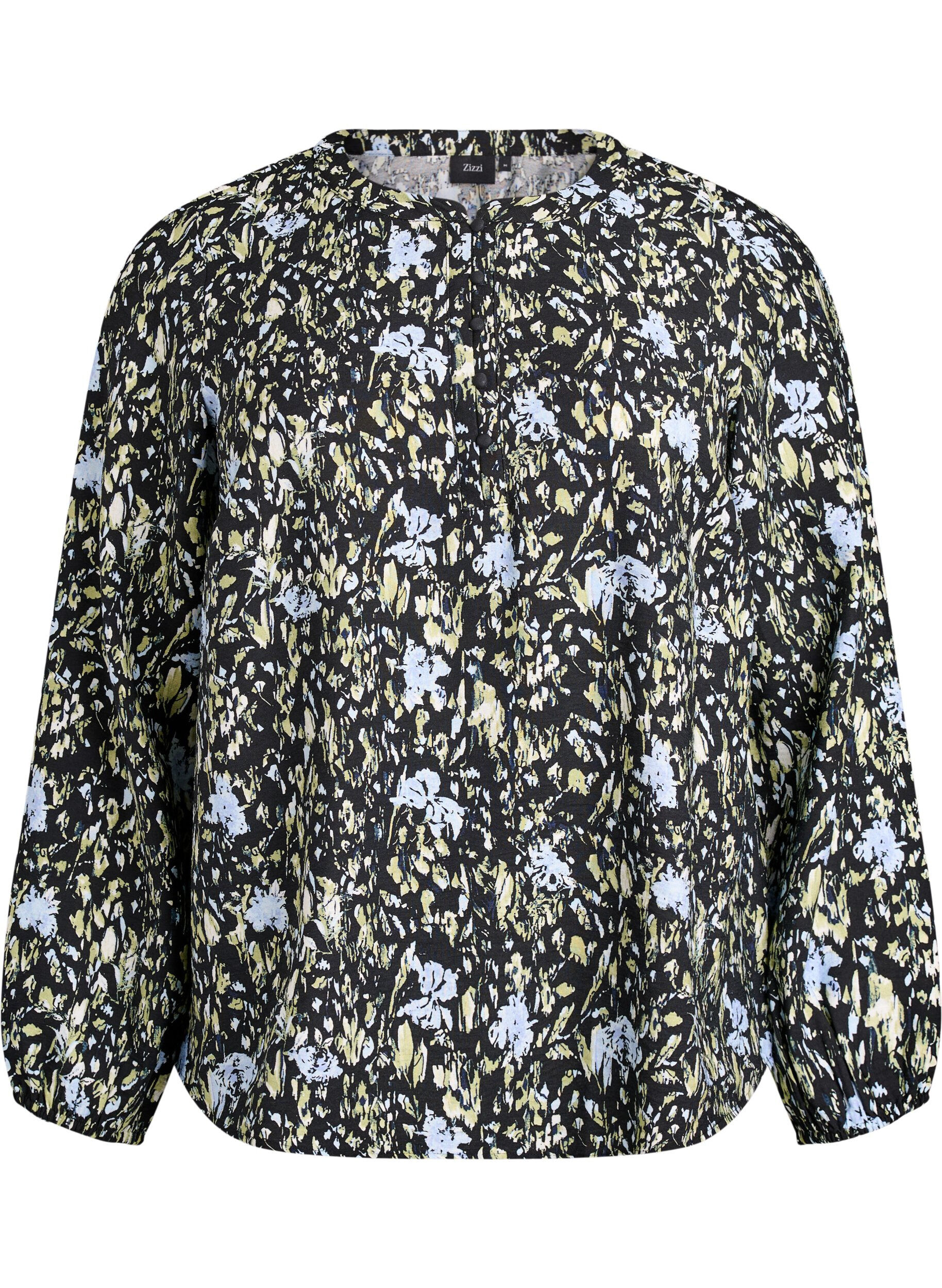 Zizzi Blouse met lange mouwen met patroon en knopen, Zwart, Packshot image number 0