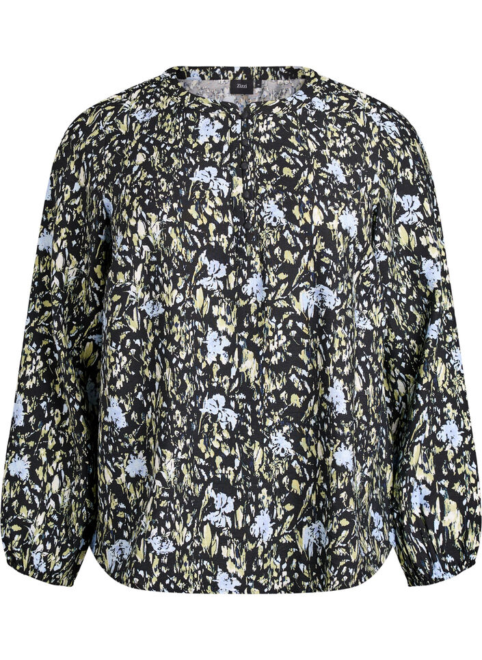 Blouse met lange mouwen met patroon en knopen, Zwart, Packshot image number 0