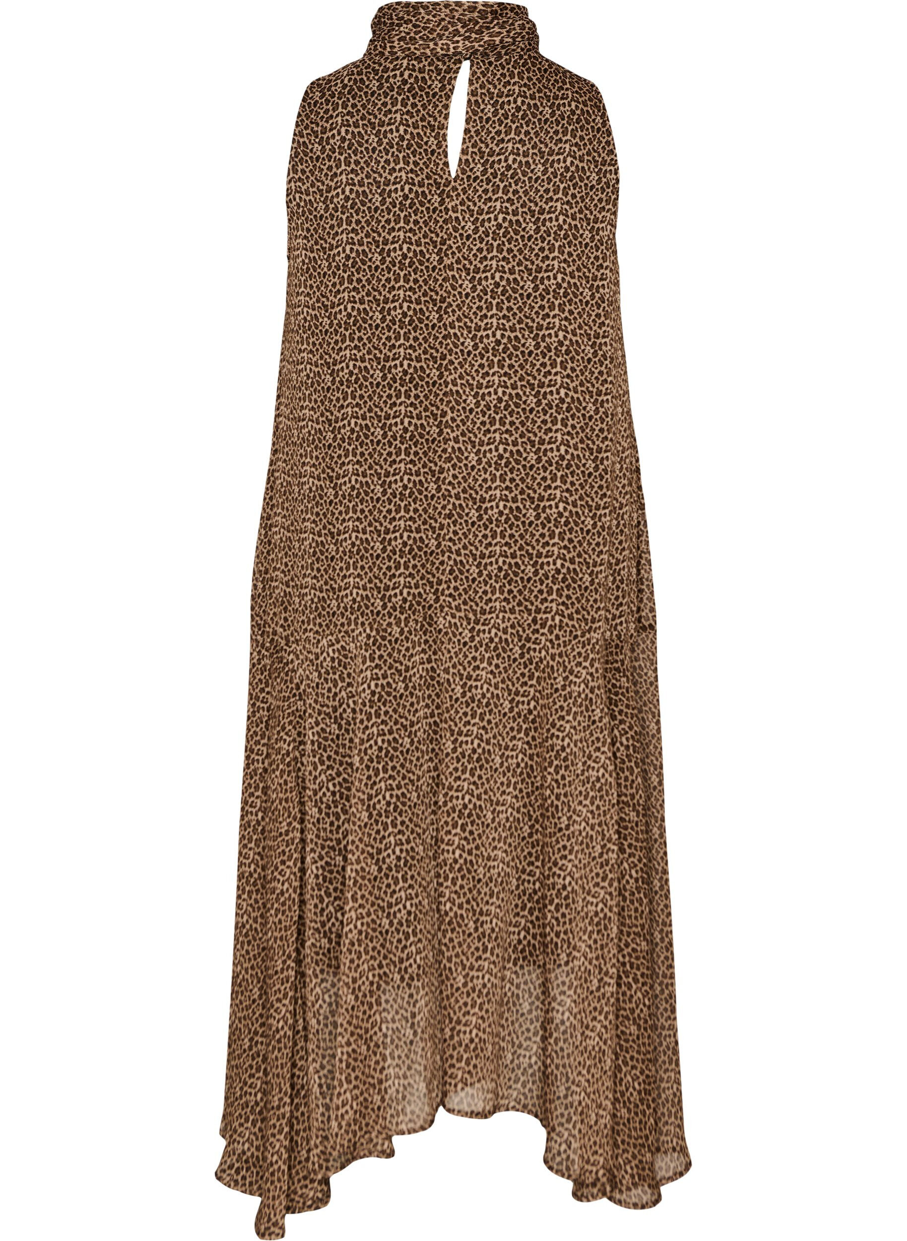 ZizziMidi jurk in chiffon met luipaardprint en een strik in de taille, Bruin, Packshot image number 1