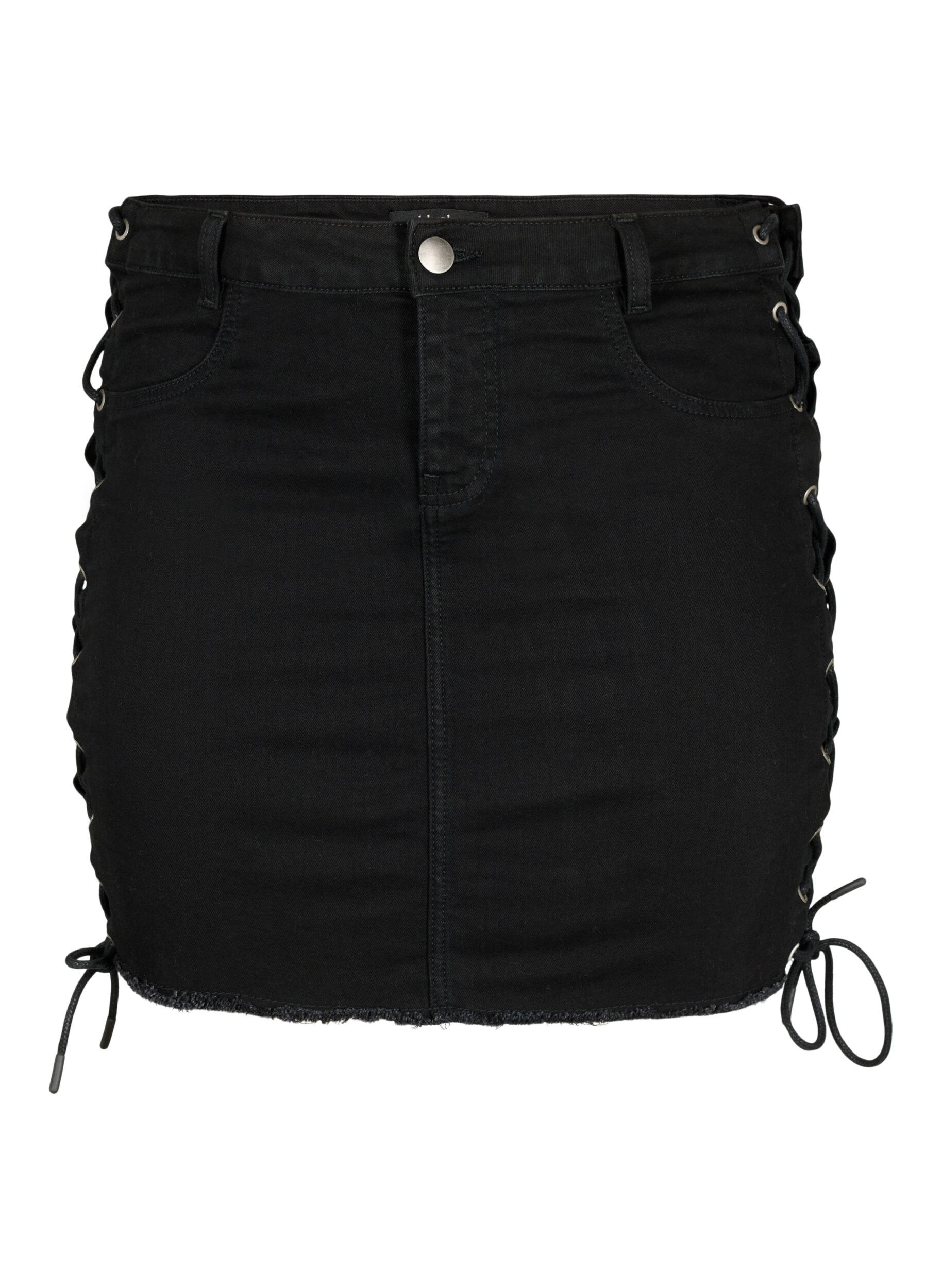 Zizzi Korte denim rok met veterdetails, Black, Packshot image number 0