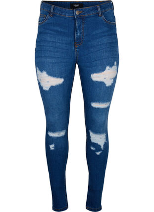 Slim fit jeans met slijtagedetails, Blue Denim, Packshot image number 0