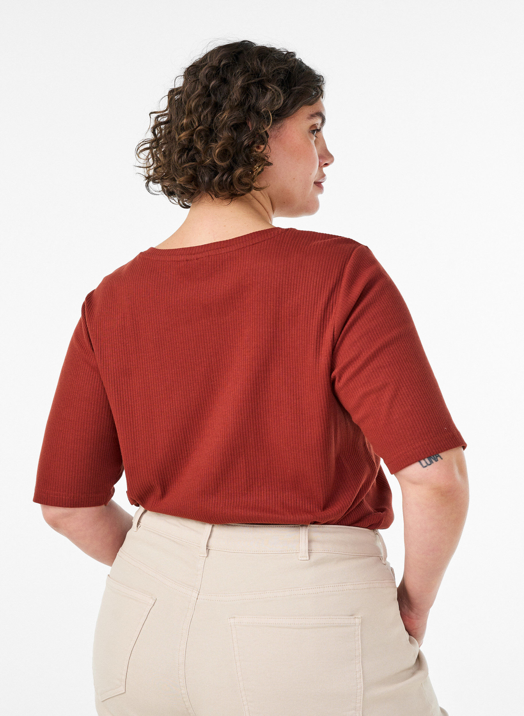 ZizziGeribde jersey blouse met korte mouwen, Rood, Model image number 2
