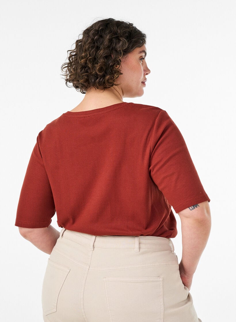 Geribde jersey blouse met korte mouwen, Rood, Model image number 2