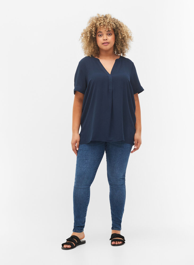 Blouse met korte mouwen en v-hals, Blauw, Model image number 1
