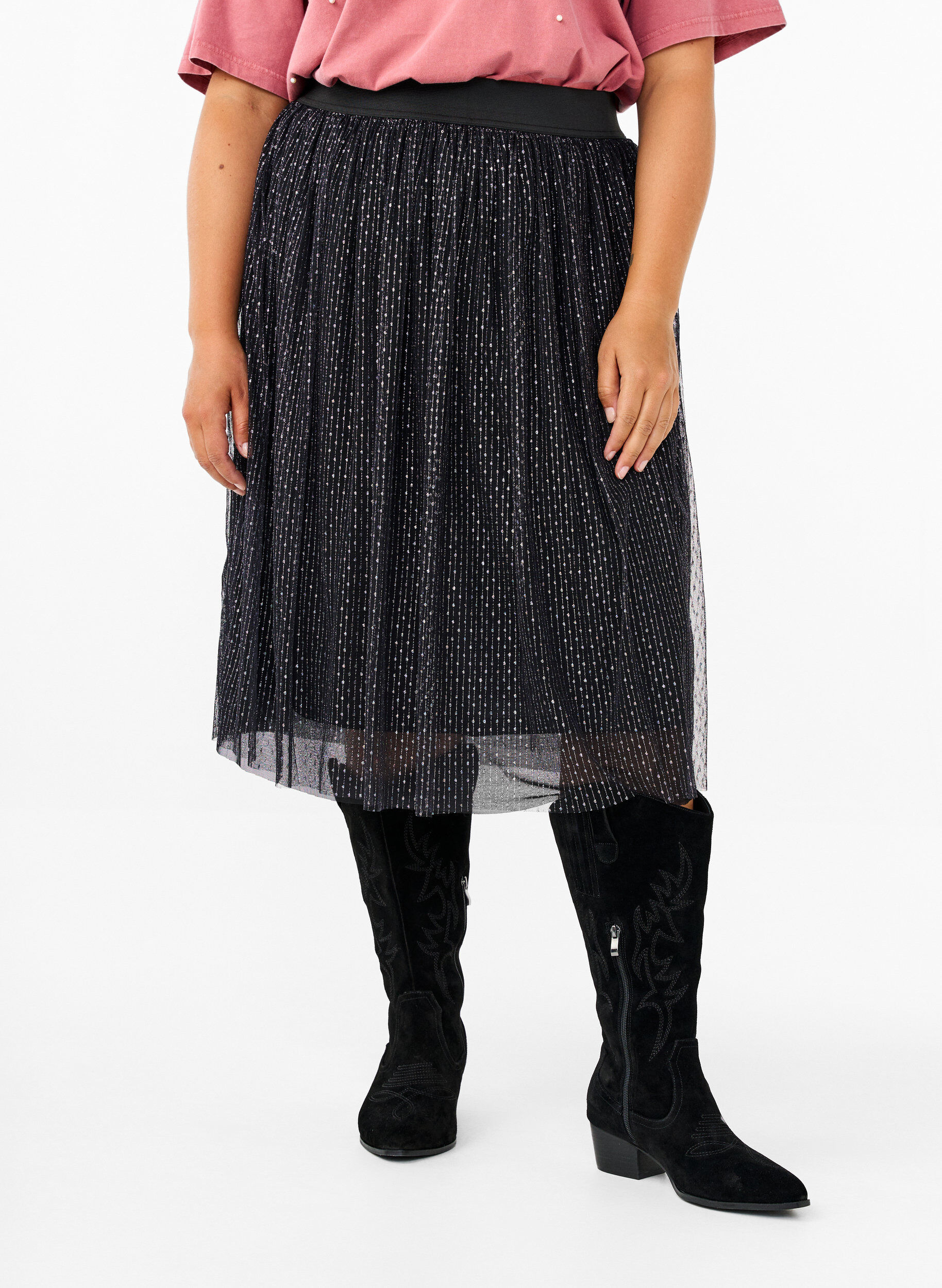 Zizzi Rok van mesh met glitters, Black, Model image number 2