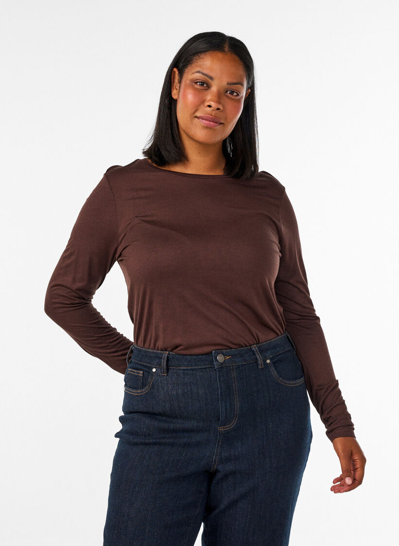 Blouse met lange mouwen van wol en viscose, Bruin, Model image number 0
