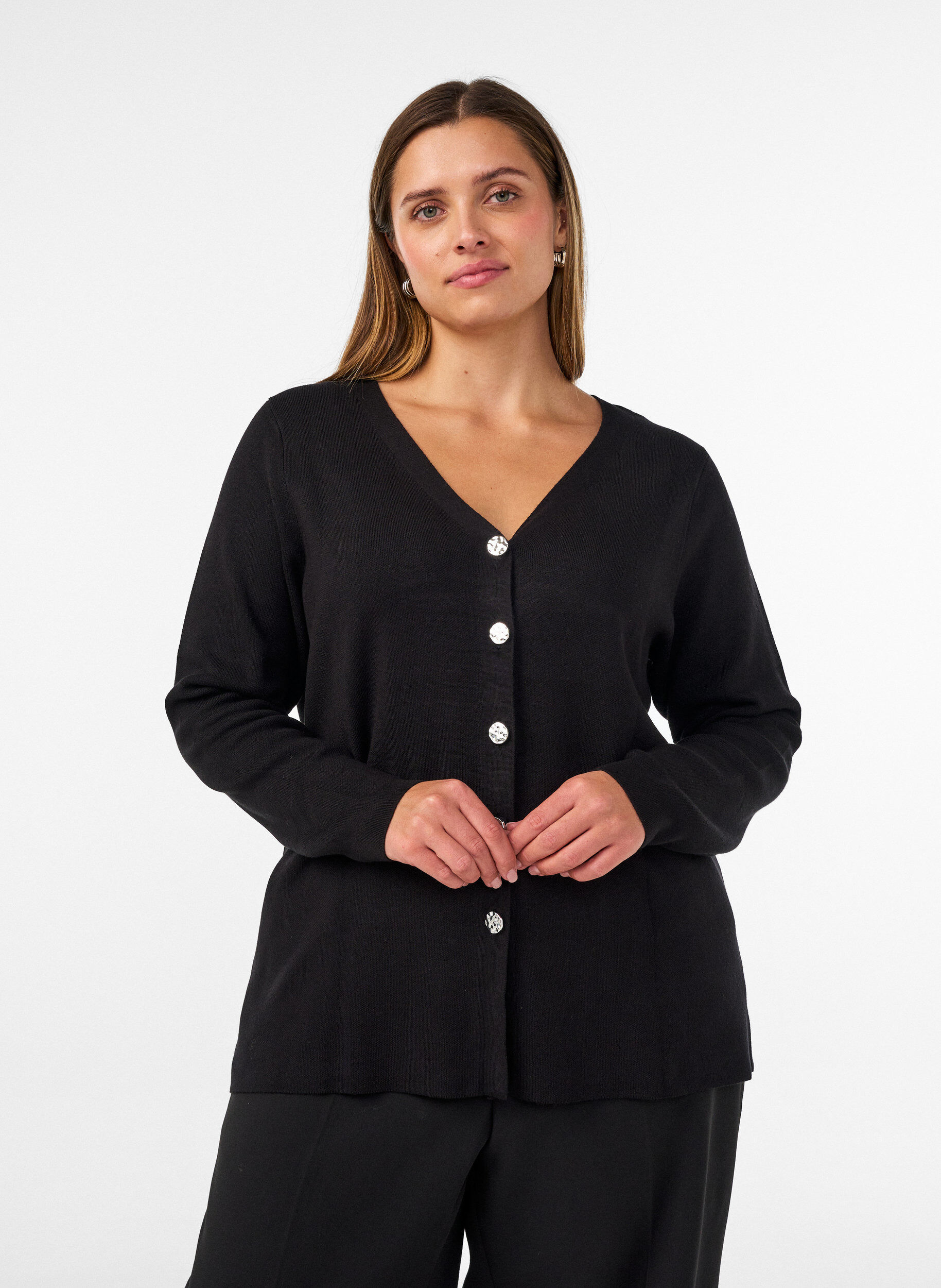ZizziFijngebreid cardigan met decoratieve knopen, Zwart, Model image number 0