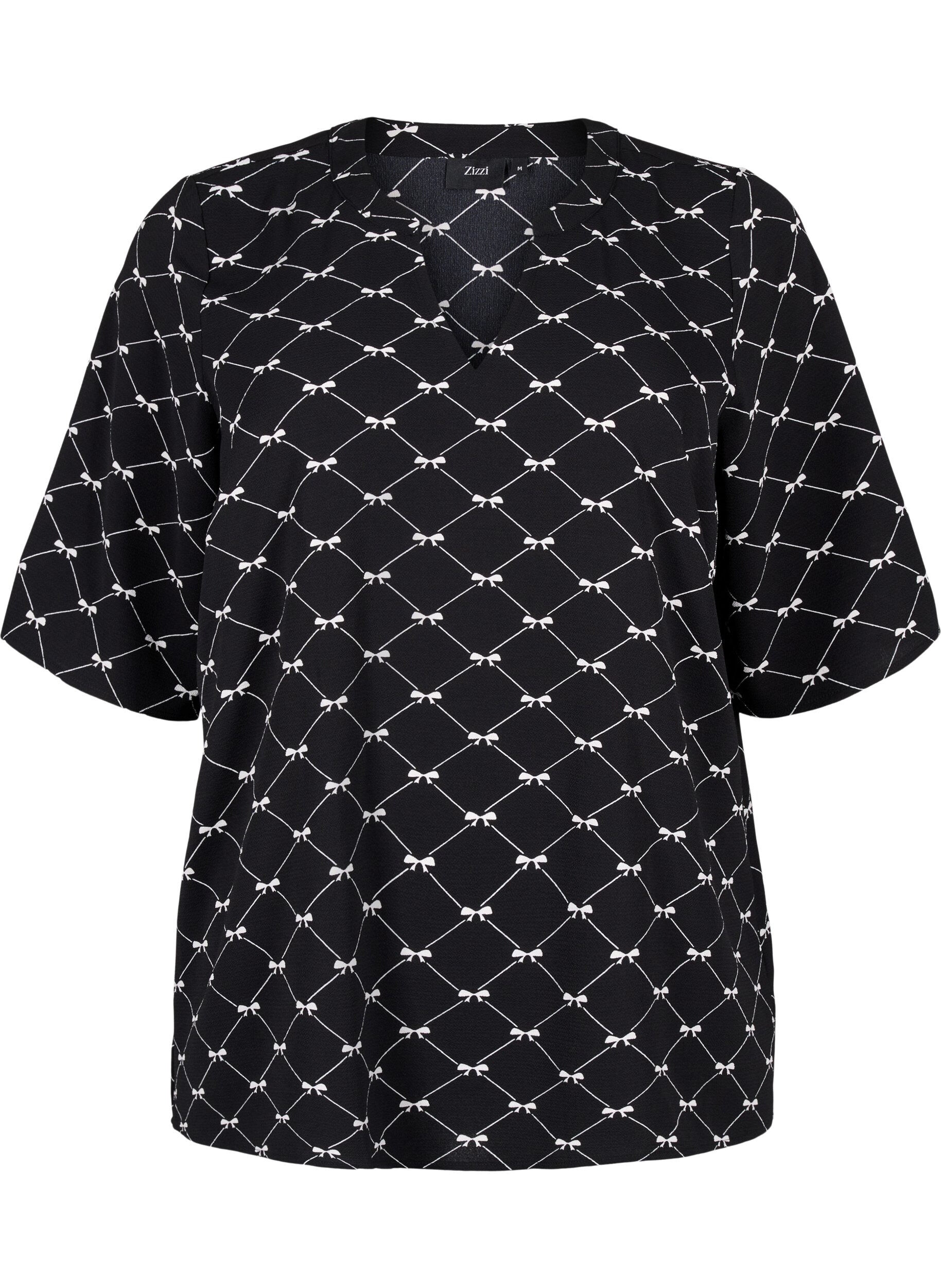 Zizzi Blouse met V-hals en strikprint, Black Bow AOP, Packshot image number 0