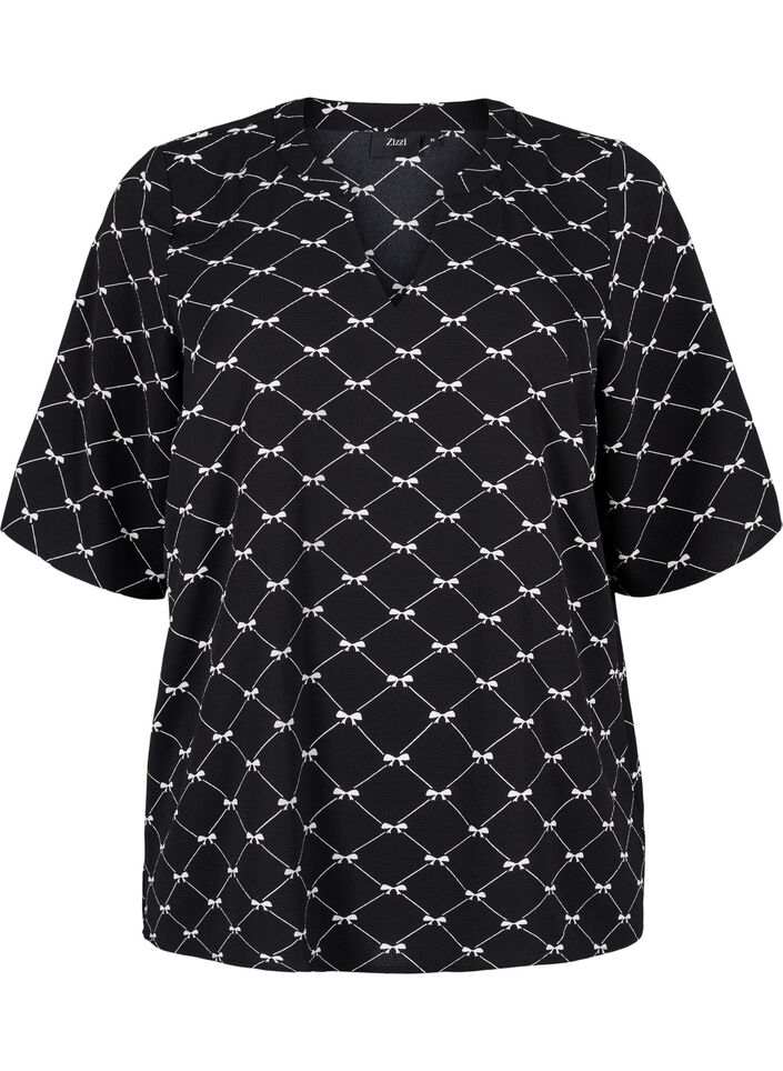 Blouse met V-hals en strikprint, Black Bow AOP, Packshot image number 0