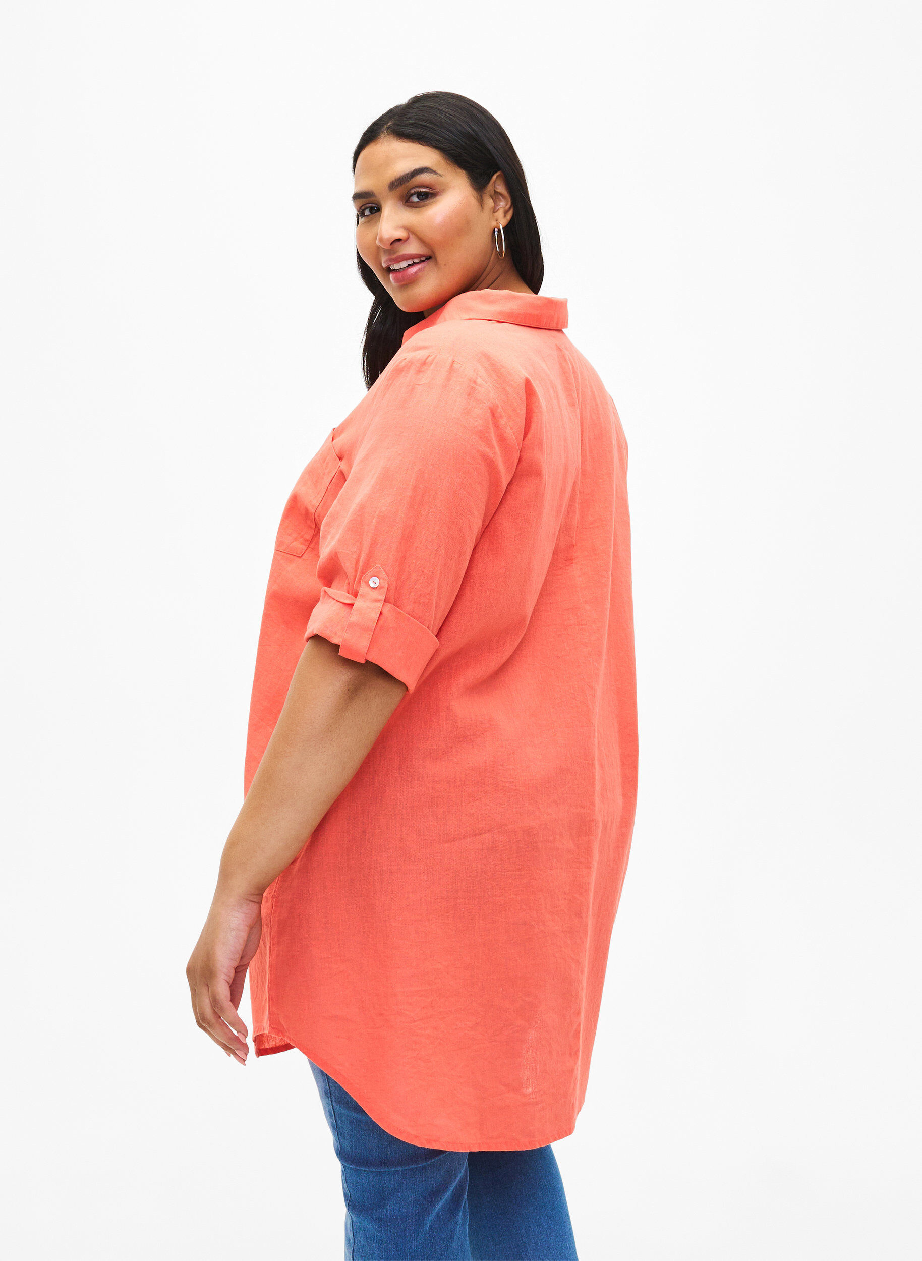 Zizzi Tuniek van katoenmix met korte mouwen en linnen, Living Coral, Model image number 1