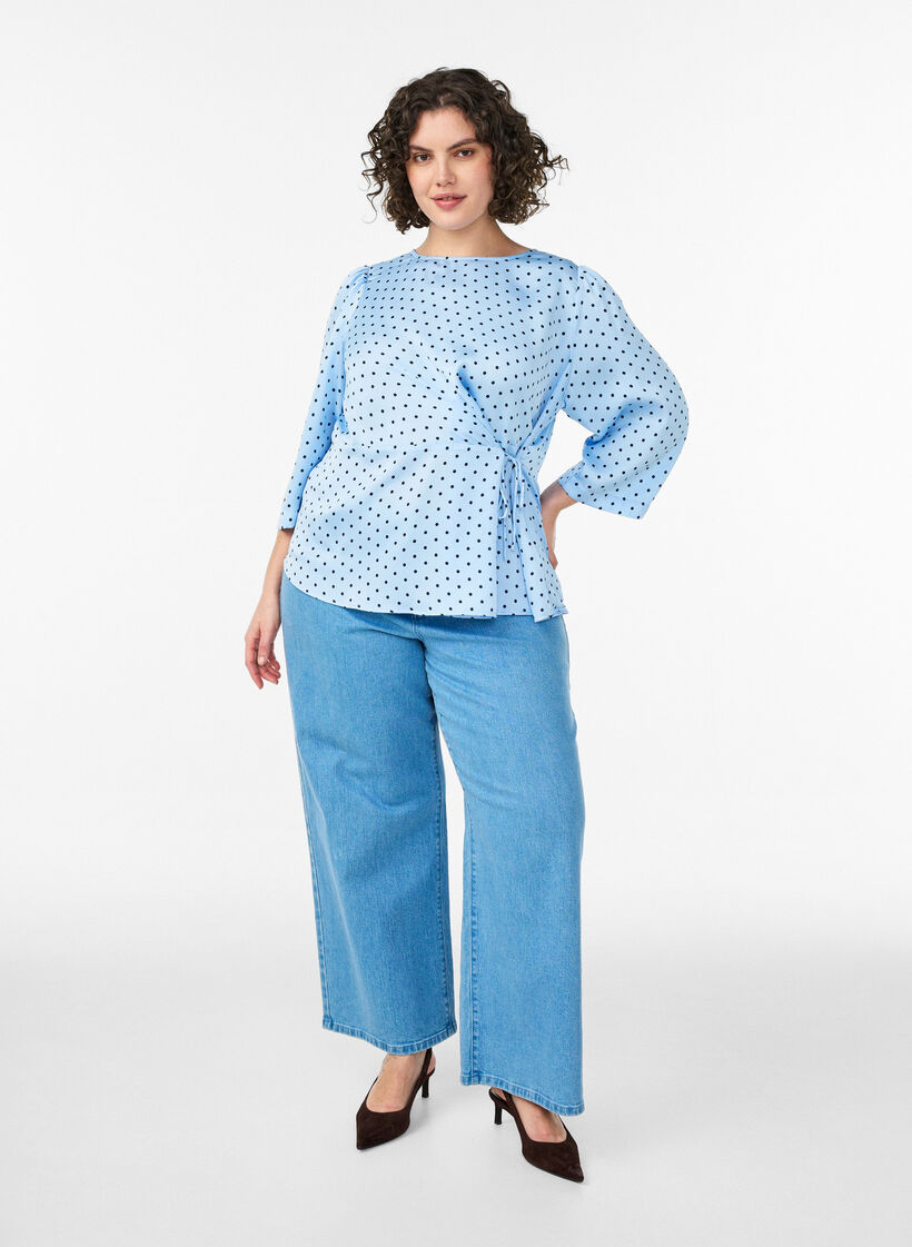 Blouse met stippen, striksluiting en 3/4-mouwen, Blauw, Model image number 1