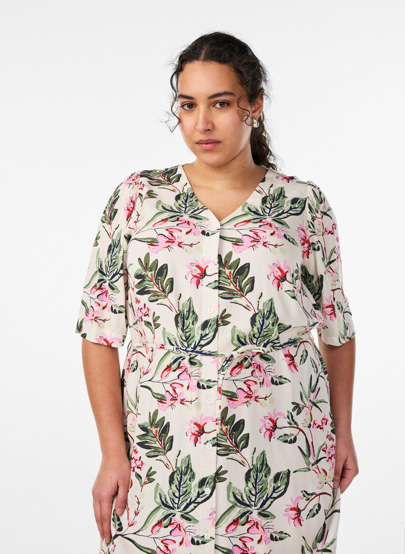 Midijurk met print en strikceintuur, Vanille, Model image number 2