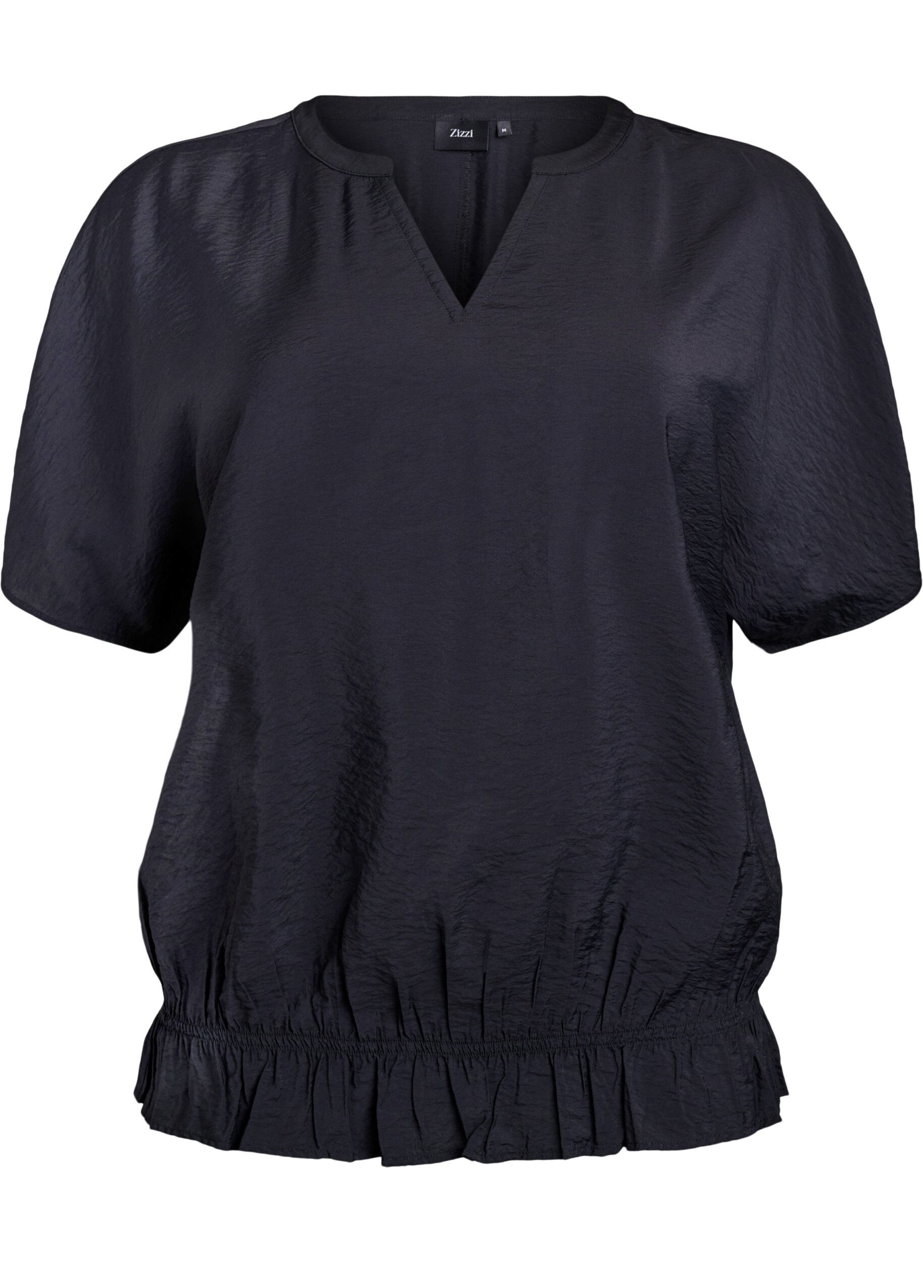 Zizzi Blouse met korte mouwen en een rucherand, Zwart, Packshot image number 0