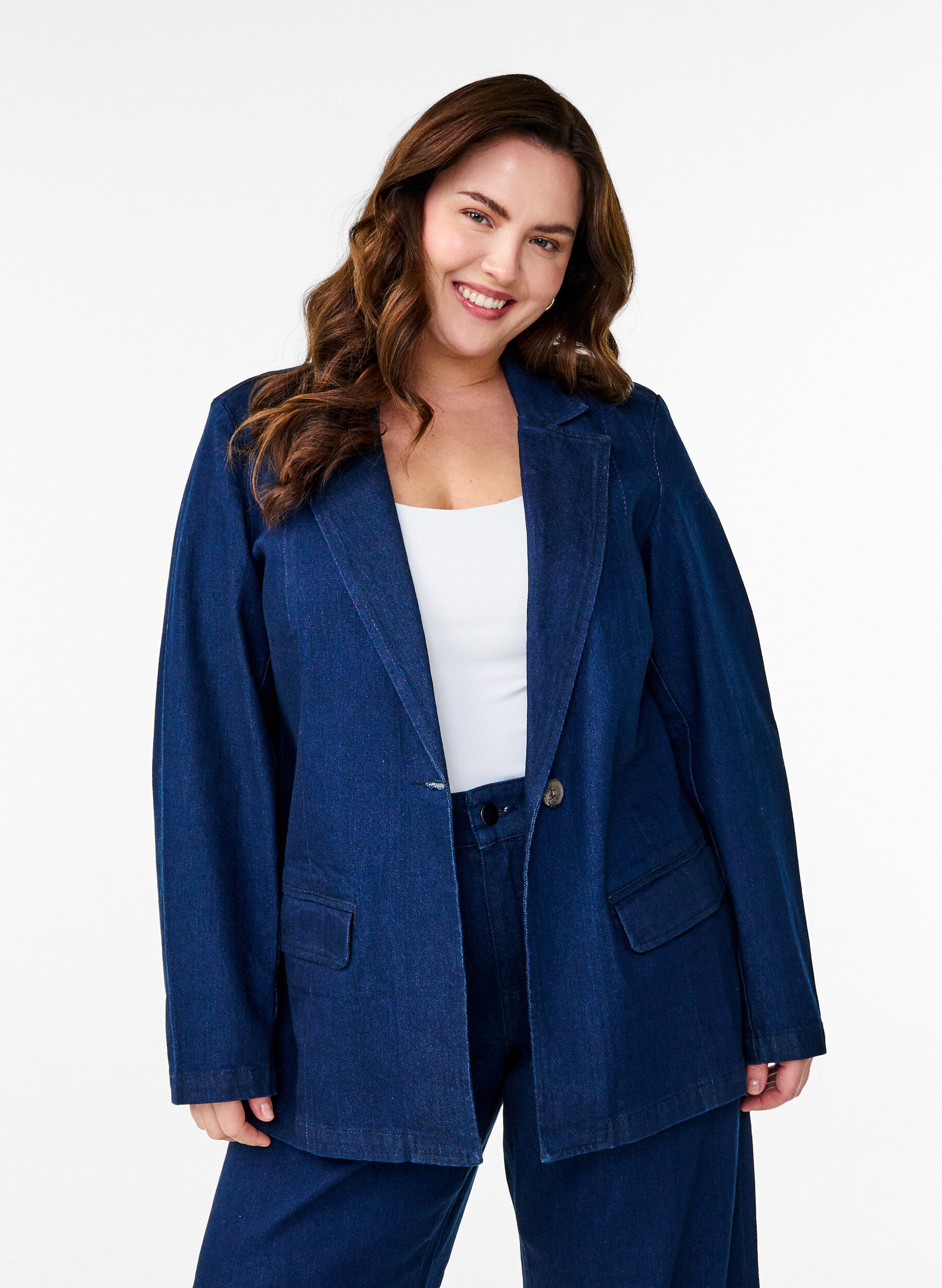 Zizzi Denim blazer met zakken, Blauw, Model image number 0