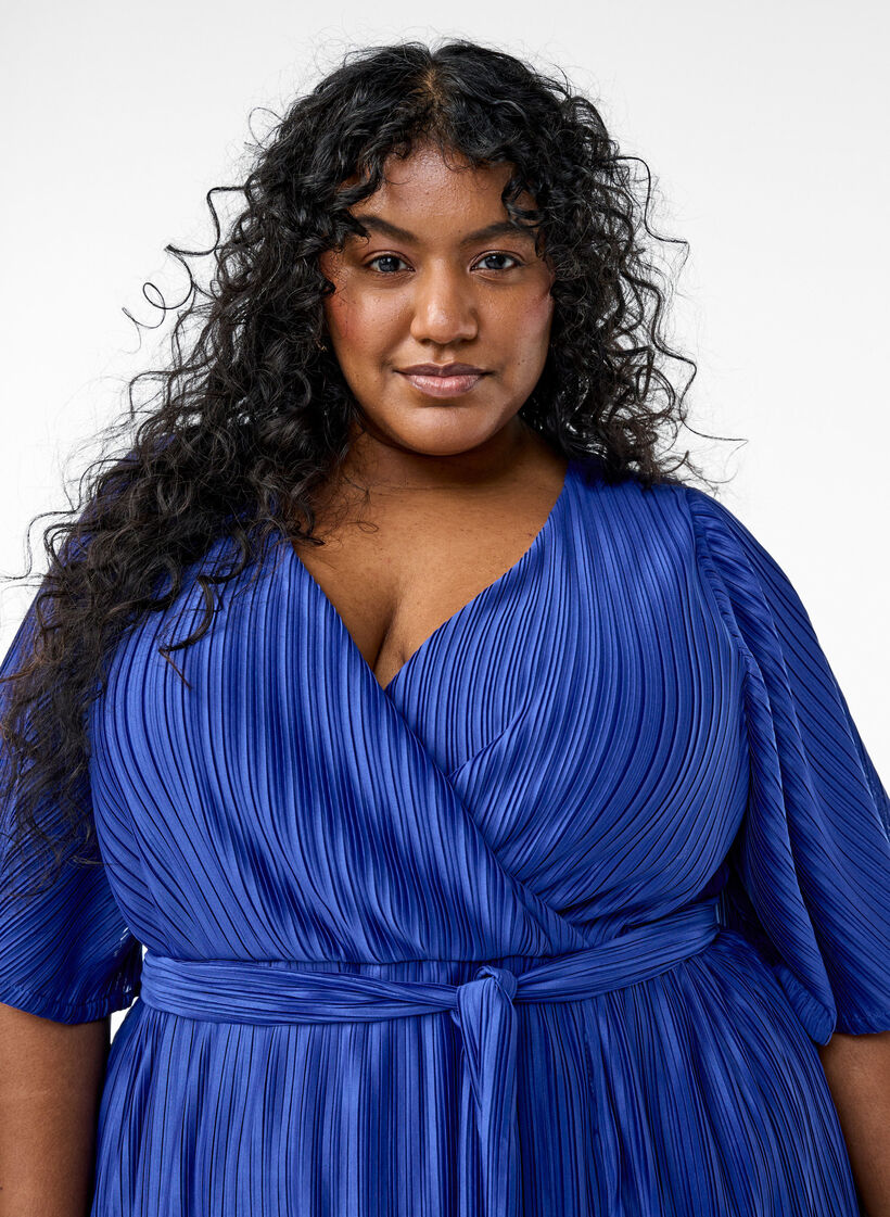 Geplooide midi-jurk met vleermuismouwen, Blauw, Model image number 2