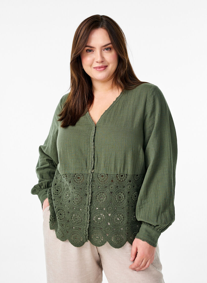 Katoenen mousseline blouse met haakdetails, Groen, Model image number 0