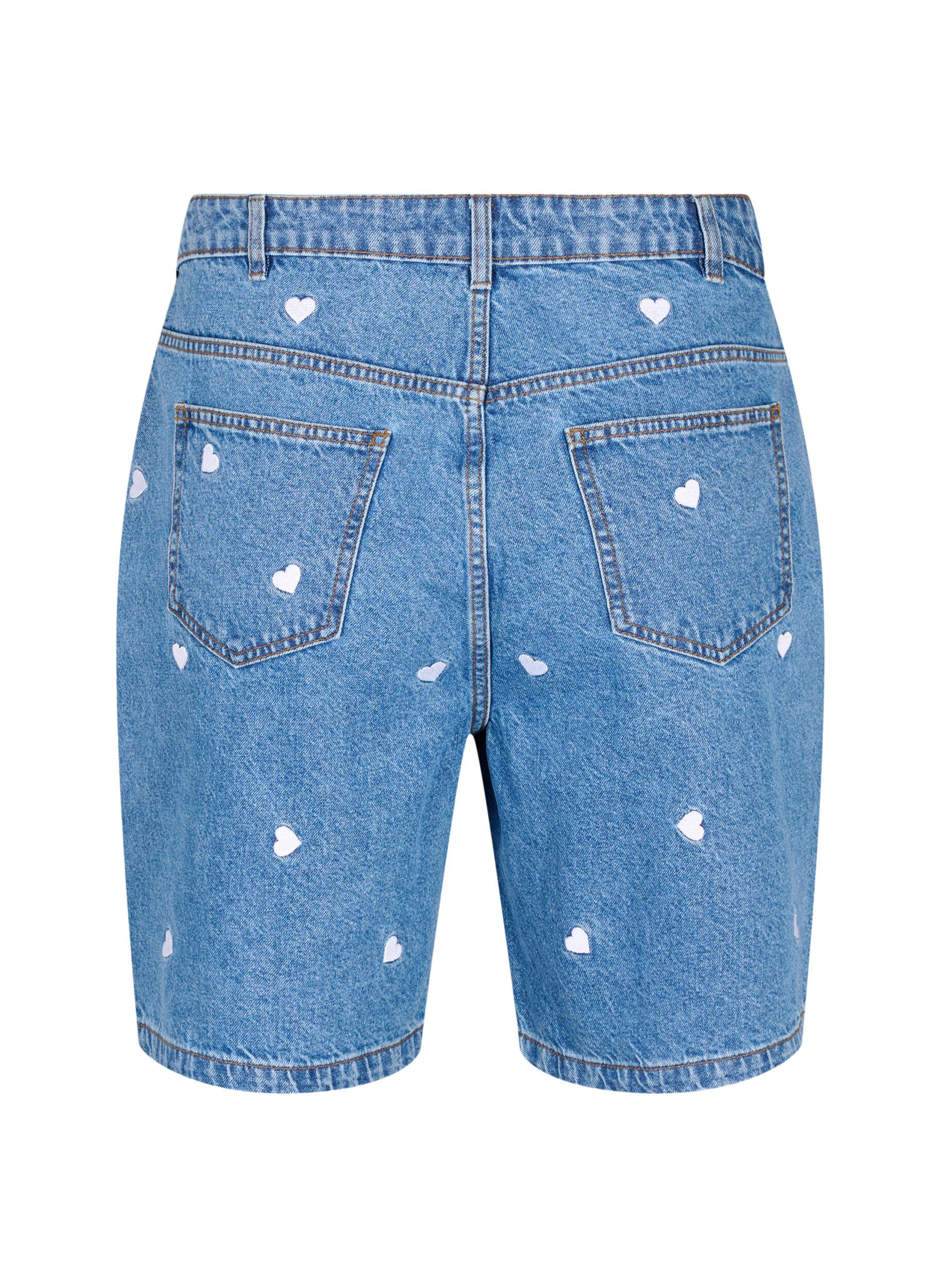 Zizzi Korte spijkerbroek met hoge taille en geborduurde hartjes, Blauw, Packshot image number 1