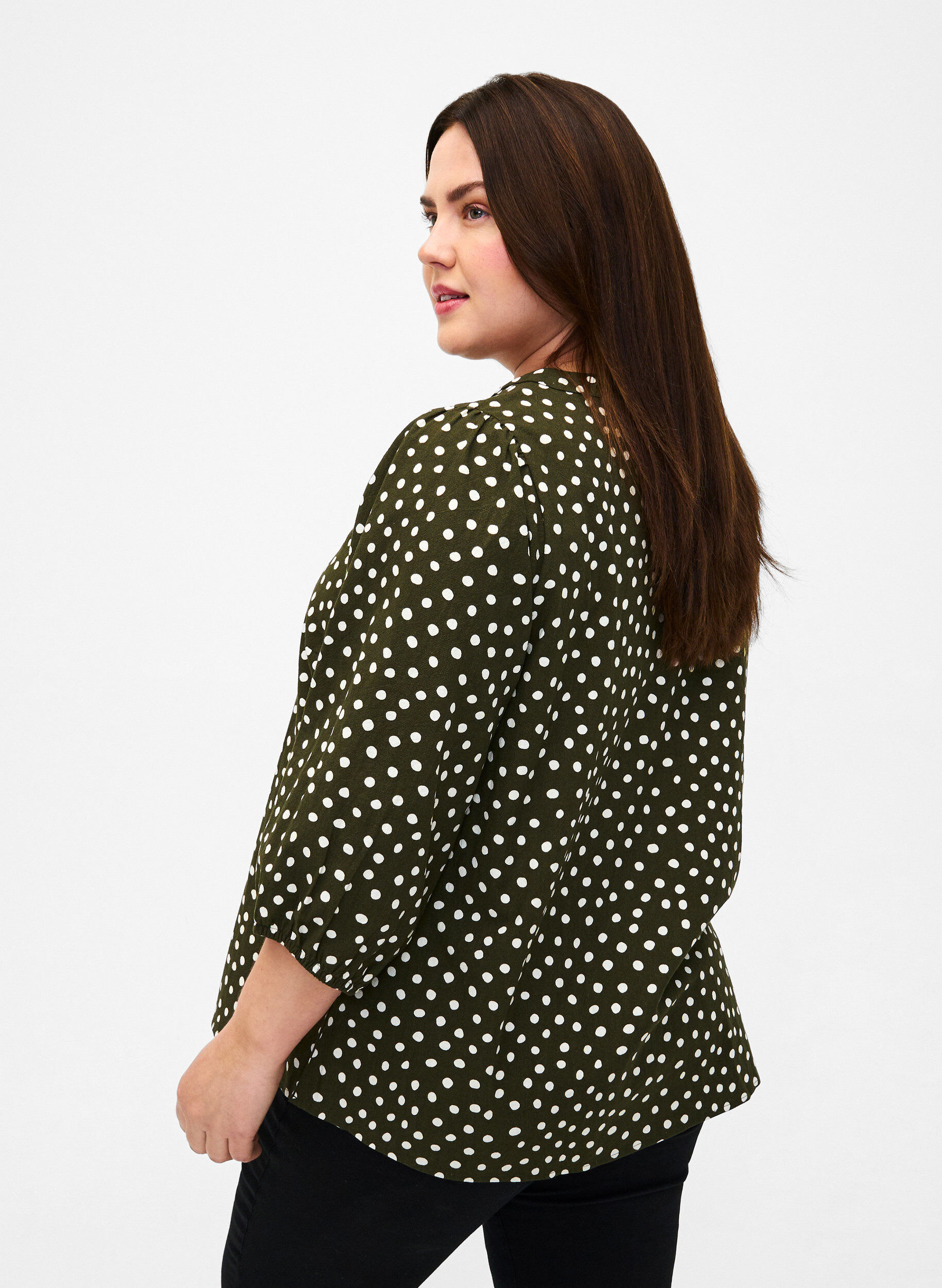 Zizzi Katoenen blouse met 3/4 mouwen en stippen, Forest Night Dot, Model image number 1
