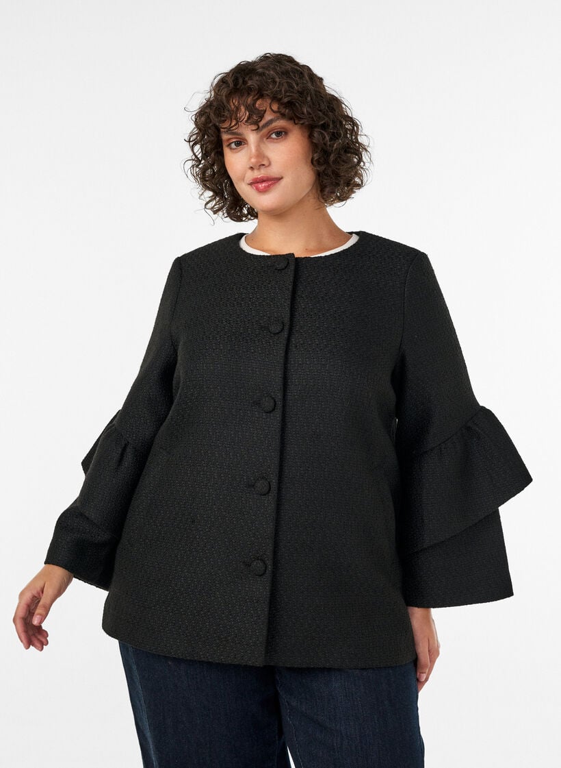 Boucl&eacute; jasje met ruchesdetails, Zwart, Model image number 3
