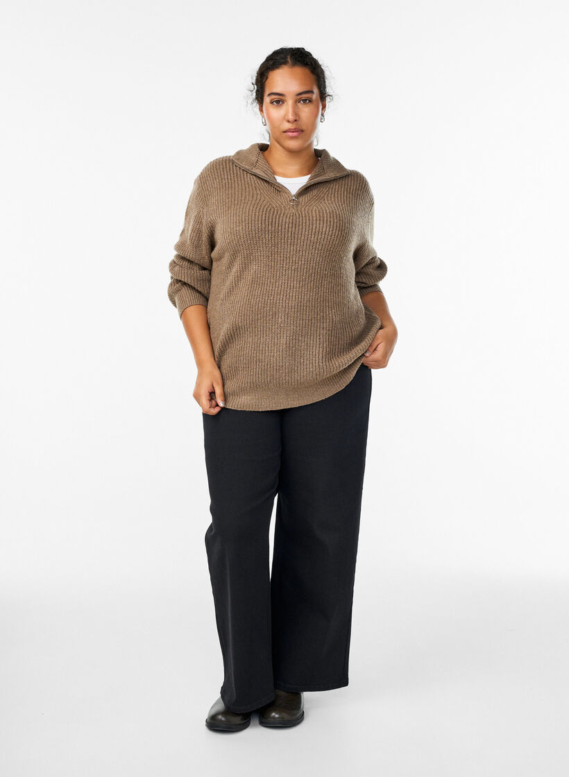 Gebreide trui met hoge hals en rits, Bruin, Model image number 1