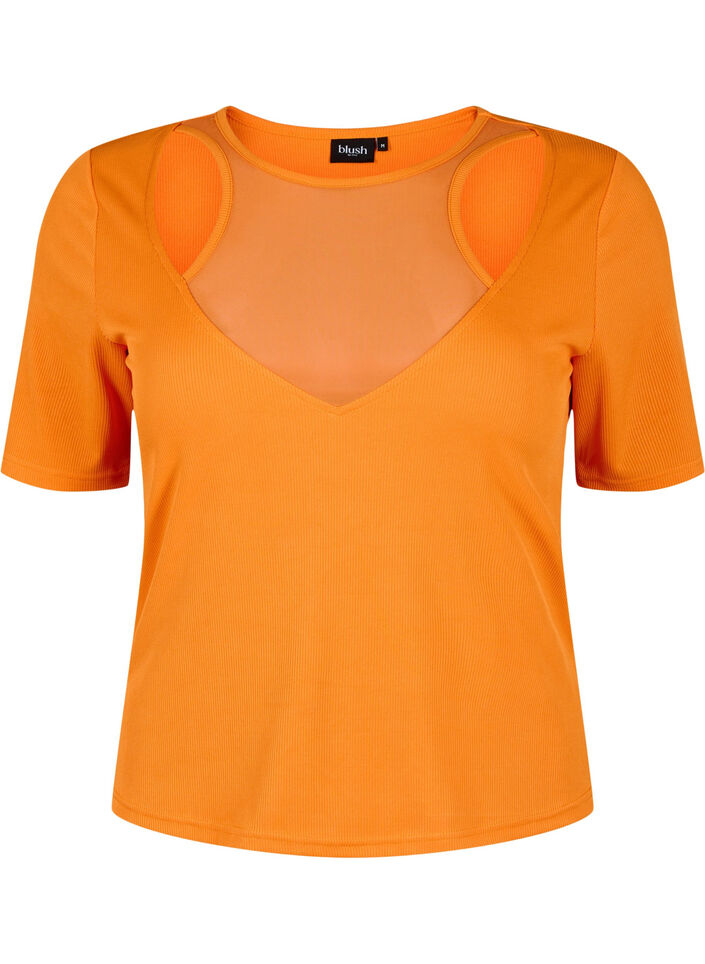 Aansluitende blouse met mesh detail, Vibrant Orange, Packshot image number 0