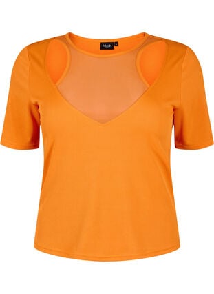 Aansluitende blouse met mesh detail, Vibrant Orange, Packshot image number 0