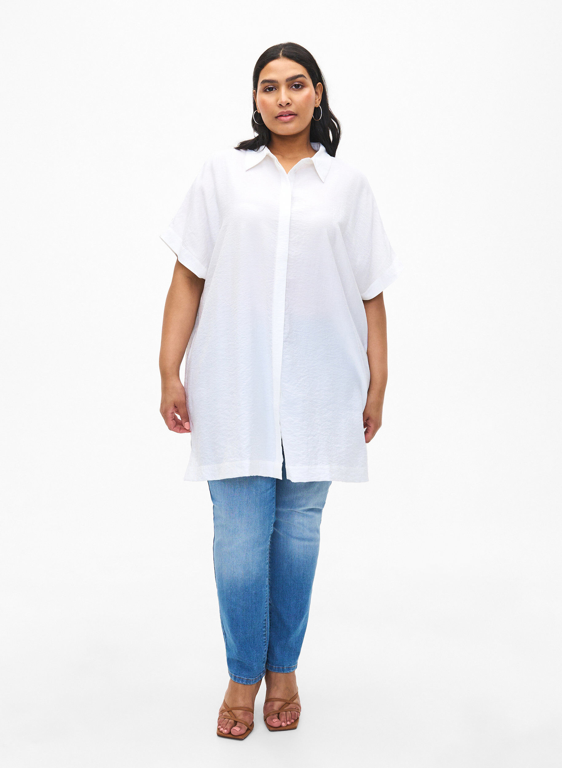 Zizzi Lang shirt van viscose met korte mouwen, Bright White, Model image number 2