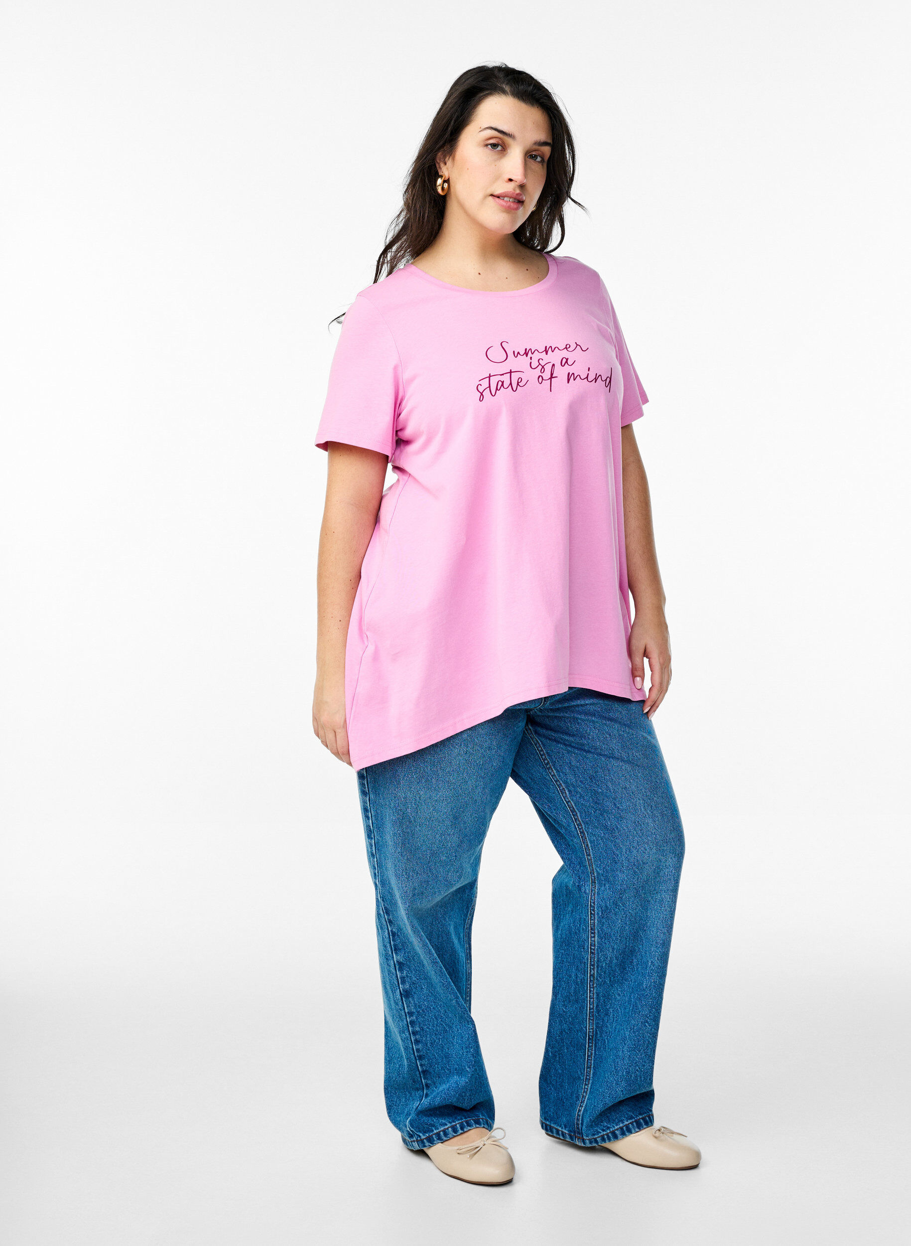 Zizzi T-shirt met ronde hals en A-lijn vorm, Roze, Model image number 1
