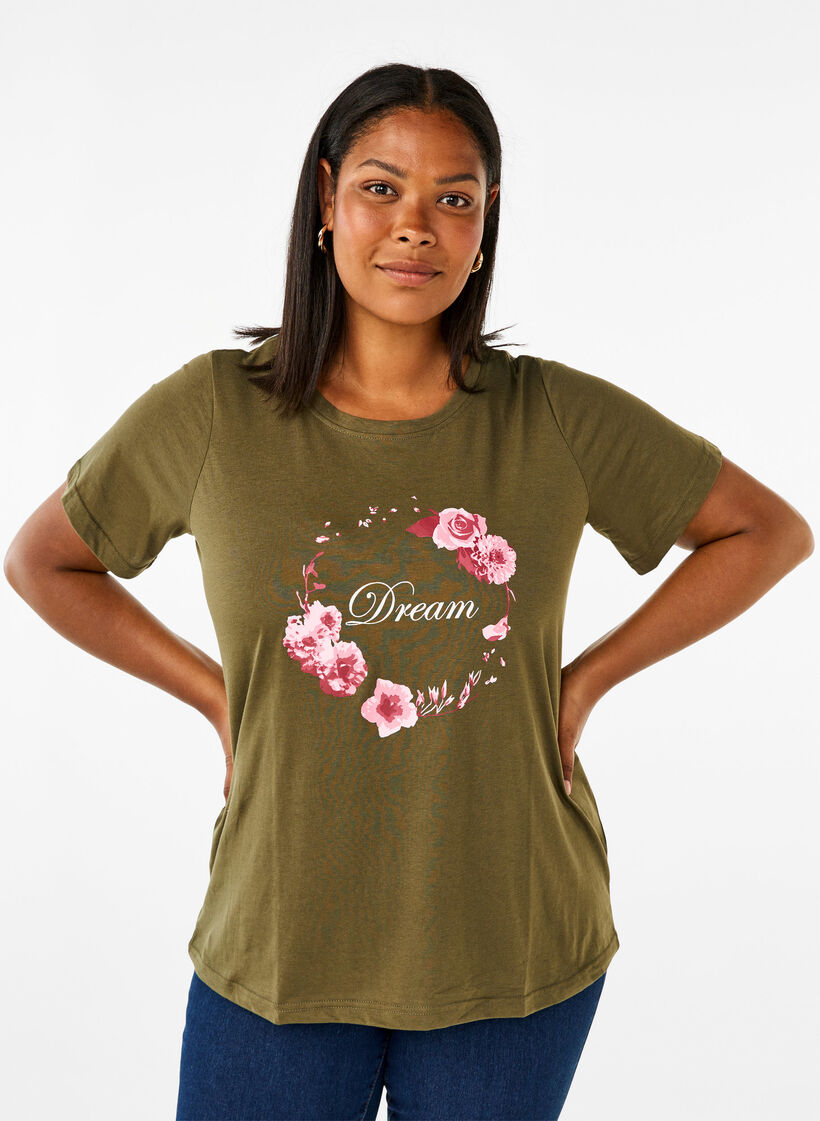 FLASH - T-shirt met motief, Olive Night Flower, Model image number 0