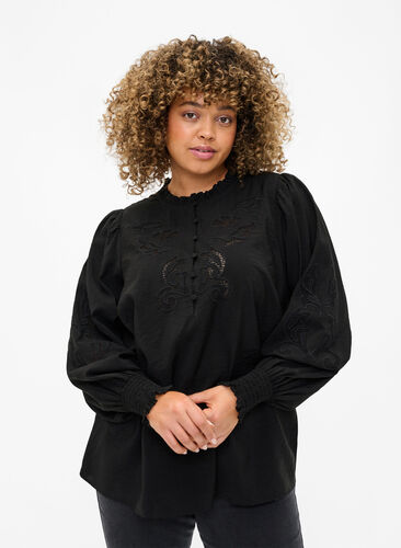 Blouse met ruches en broderie anglaise, Black, Model image number 0