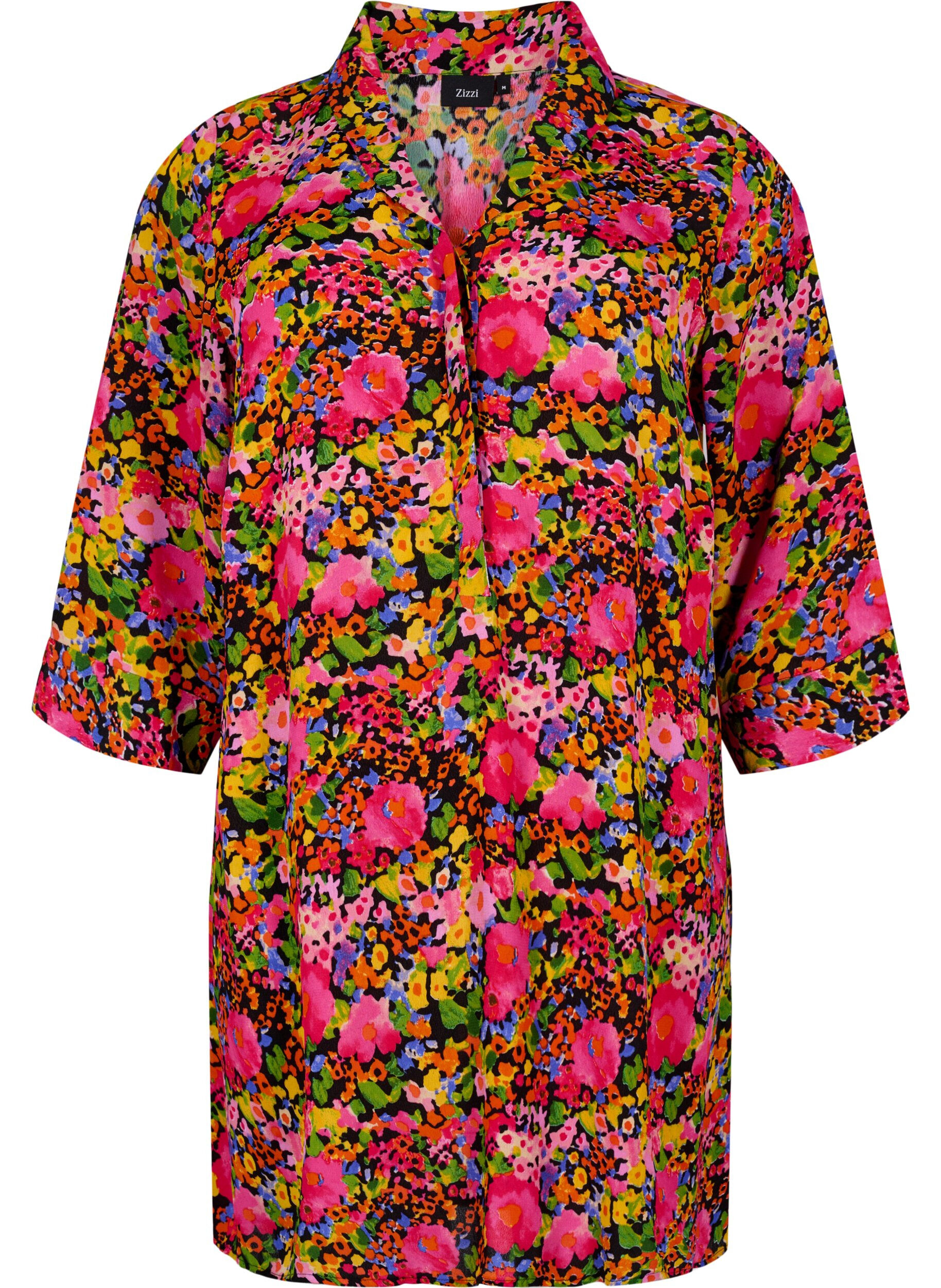 Zizzi Gebloemde viscose tuniek met 3/4 mouwen, Neon Flower Print, Packshot image number 0
